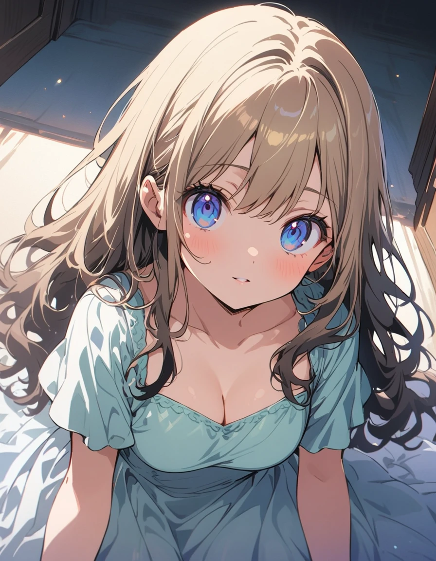 An 11-year-old girl, Very large breasts in a short European dress that shows cleavage、(highest quality、masterpiece、High resolution、detailed)、animeスタイル、Flat Style、(Beautiful Eyes, Delicate and beautiful face, ),  BREAK,1 girl、extremely detailed、(The Shining), Best lighting, Best Shadow、High saturation、Dynamic Angle、anime