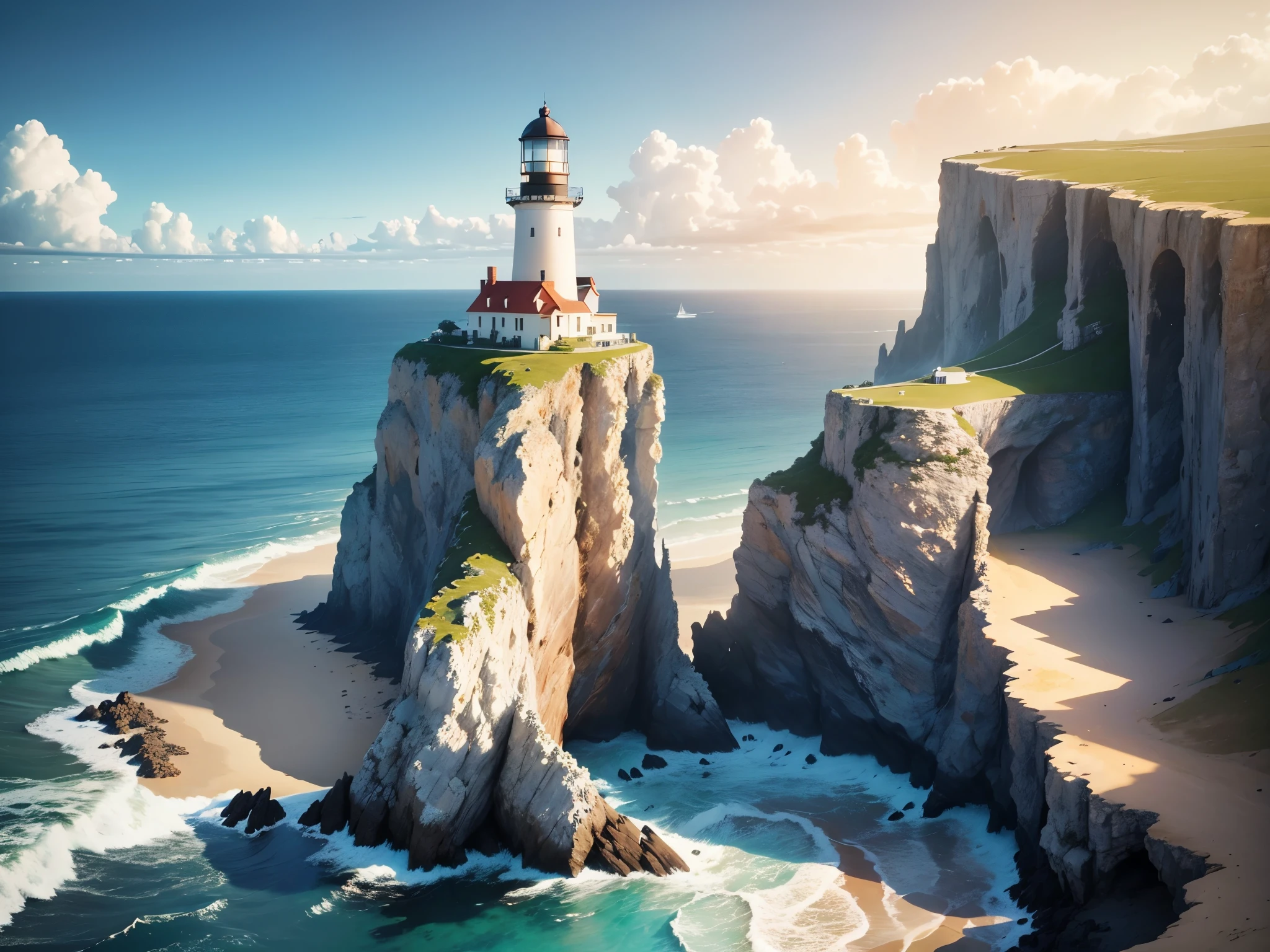 background, of a landscape on the blue coast. Ocean, horizon, cliffs, beach, clouds, rays of sunshine. A large lighthouse on the rocks illuminates the area, the sea reflects a boat on the beach with its paddles, and stairs leading up to the lighthouse. Ray tracing effect, high details, 8k