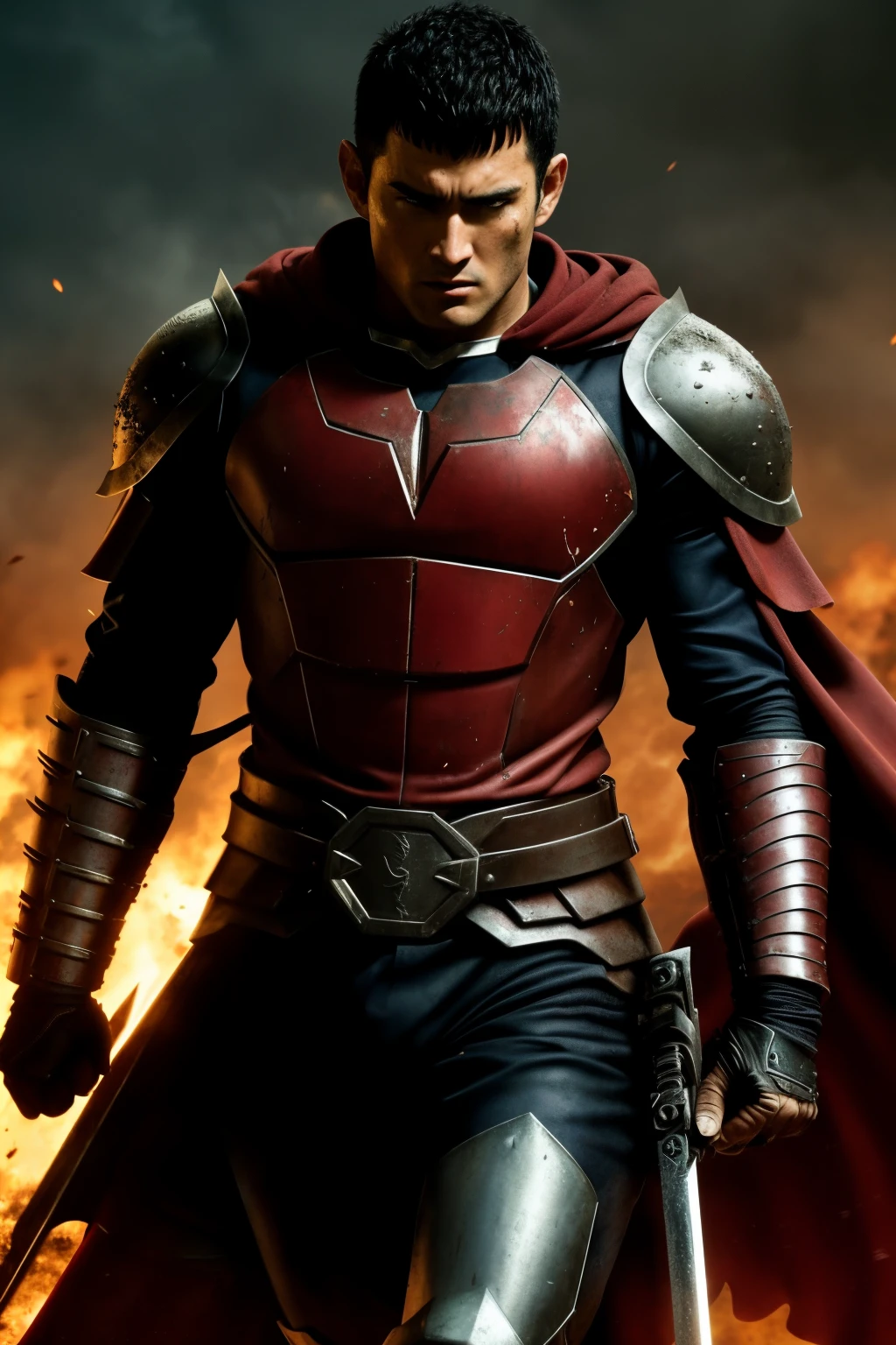 HD wallpaper, 32k cinematic shoot of berserk Guts, (1hero:1.4), solo, intricately detailed body parts, official art, unified 32k resolution masterpiece, hyperrealistic, masterful, best quality, raw, ultra-high definition, detailed and textured skin, visible veins and muscles, sharp focus, dynamic lighting, dramatic shadows, volumetric effects, cinematic perspective, epic battle scene backdrop, grungy and industrial setting, bloody and violent, intense emotion, cinematic flair, highly cinematic, cinematic vision, cinematic masterpiece, cinematographic.