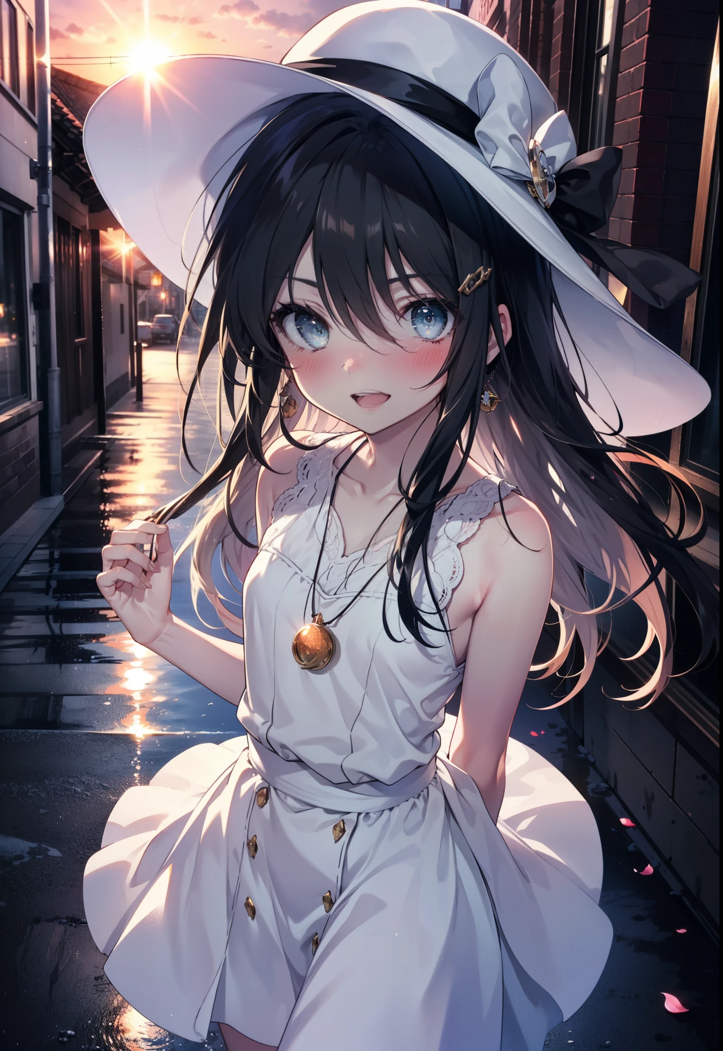 Shana,灼眼のShana,Ahoge,Long Hair,Black Hair, black eye, Small breasts,smile,blush,Open your mouth,Sleeveless dress,Bare shoulders,bare clavicle,Bare neck,Rocket Pendant,White hat,Long skirt,Cute heeled sandals,Looking down from above,sunset,evening,The sun is setting,
break looking at viewer, (Cowboy Shot:1. 5)
break outdoors, City Street,Building district,
break (masterpiece:1.2), highest quality, High resolution, unity 8k wallpaper, (shape:0.8), (Fine and beautiful eyes:1.6), Highly detailed face, Perfect lighting, Highly detailed CG, (Perfect hands, Perfect Anatomy),