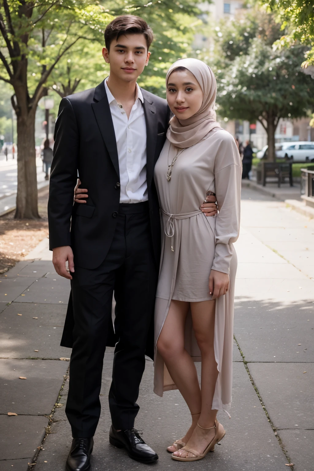 cute guy about 20 years old with with a girl wear hijab and long dress at the park full body.the guy wear formal clothes and long slack