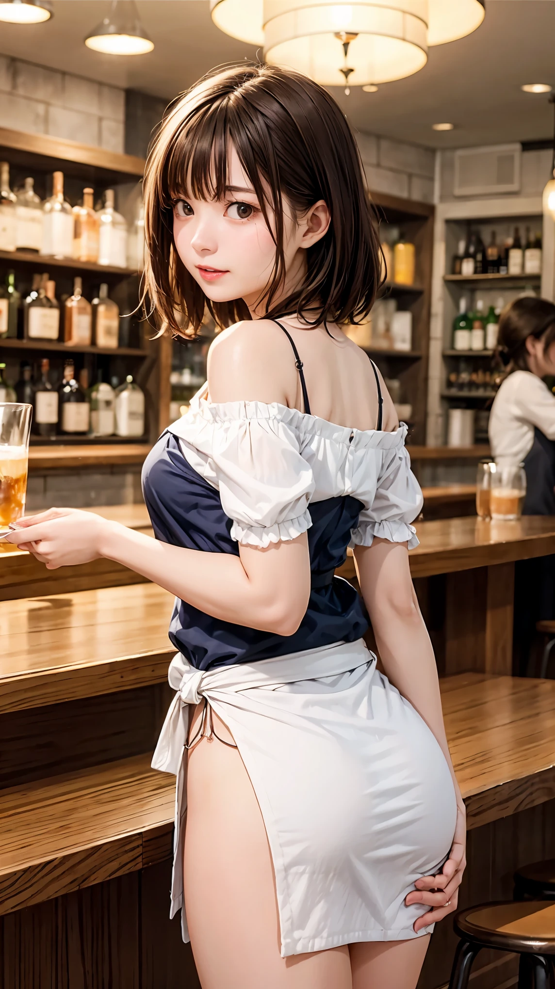 highest quality、4K quality、Cafe staff turn away、thin、Small face、Tall 16 year old、A woman holds her chest(1.7)、bar counter、(2.0)、Off the shoulder、The hem of the skirt is twisted(1.8)、Bare crotch、Wrinkled clothes、Tight ass、Naked butt