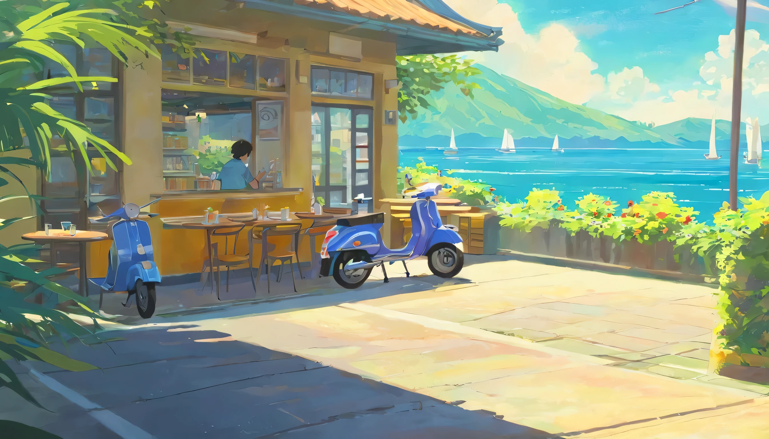 Beautiful oil painting of the Bali Islands in the style of Claude Monet、• Slice an orange and add it to iced tea.、Relax while watching the sea。((No people:1.5))、
• When the summer sun passes over the beach、Life feels fresh and fun。
• Time in the Bali Islands is quiet.、So much so that I forget who I am。
• Fun summer days of the past々I remember、Those memories have already faded、Just live your life。((A cafe at the corner of the island and there is a Vespa motorbike that looks aesthetic and elegant))