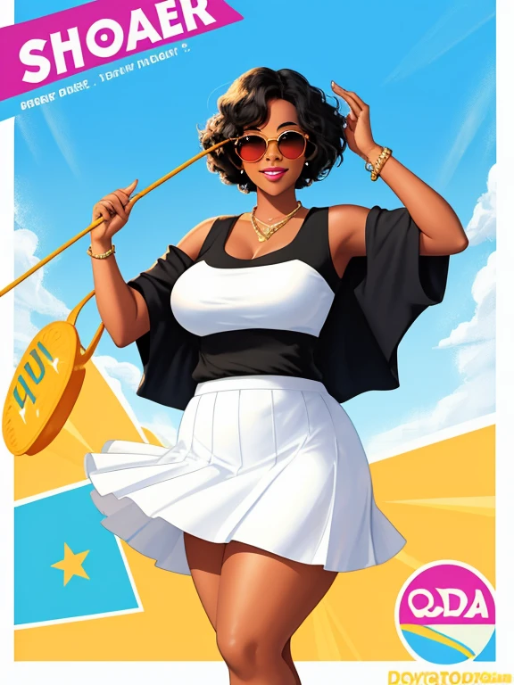 poster no Disney pixar style, black woman in sunglasses, white transparent skirt, Plus plus size,Disney pixar style, high quality, better quality