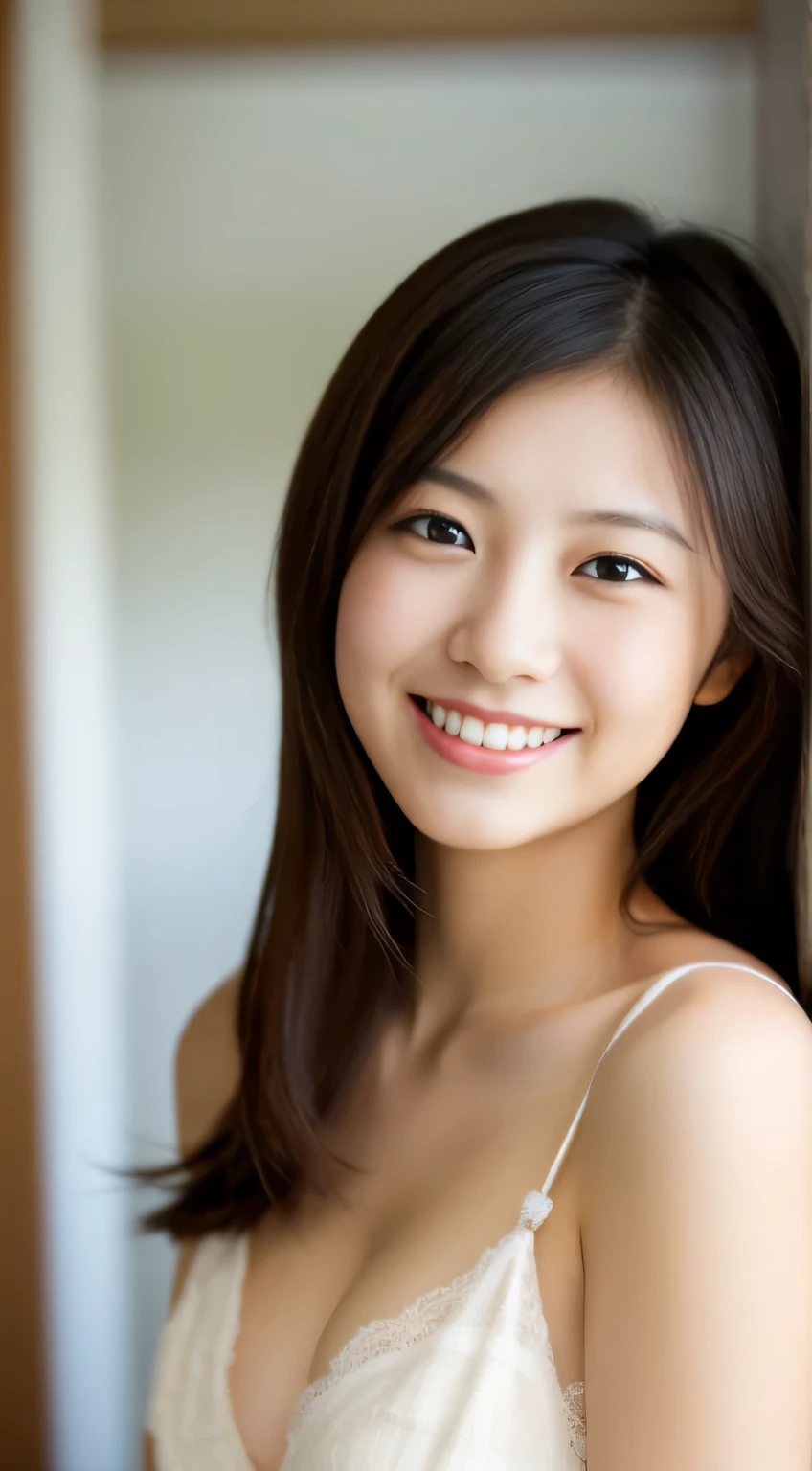 masterpiece,best quality,(Japanese ),((Beautiful girl)),cleavage,indoor,(perfect body beauty:1.2),(shy smile),beautiful teeth,