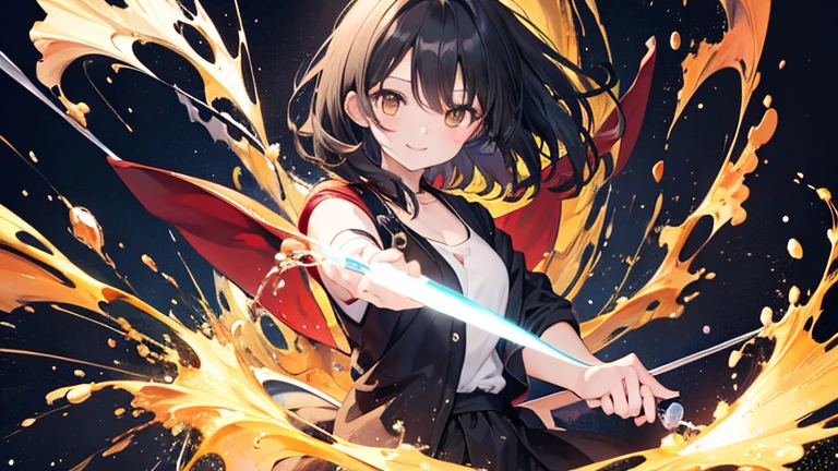 Anime Style,highest quality, masterpiece,Black Hair, Brown eyes, smile,Simple one-color background other than black and white,One girl, Fluid movement