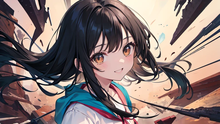 Anime Style,highest quality, masterpiece,Black Hair, Brown eyes, smile,Simple one-color background other than black and white,One girl, Fluid movement