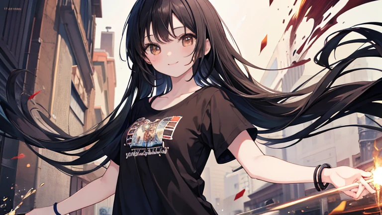 Anime Style,highest quality, masterpiece,Black Hair, Brown eyes, smile,Simple one-color background other than black and white,One girl, Fluid movement