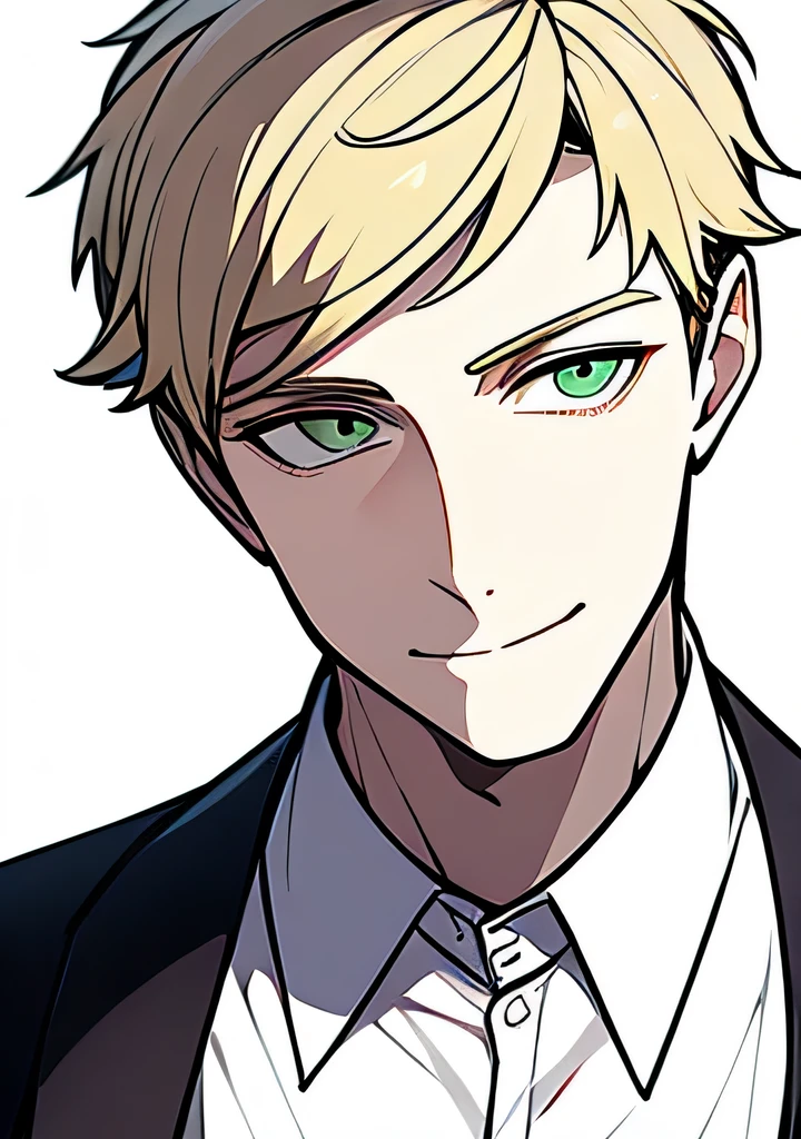 One young Adult male, handsome, dirty blonde short hair, green eyes, confident yet kind expression, smug smile, wearing white collared shirt and black jacket, portrait style, facing forwards, plain grey background 