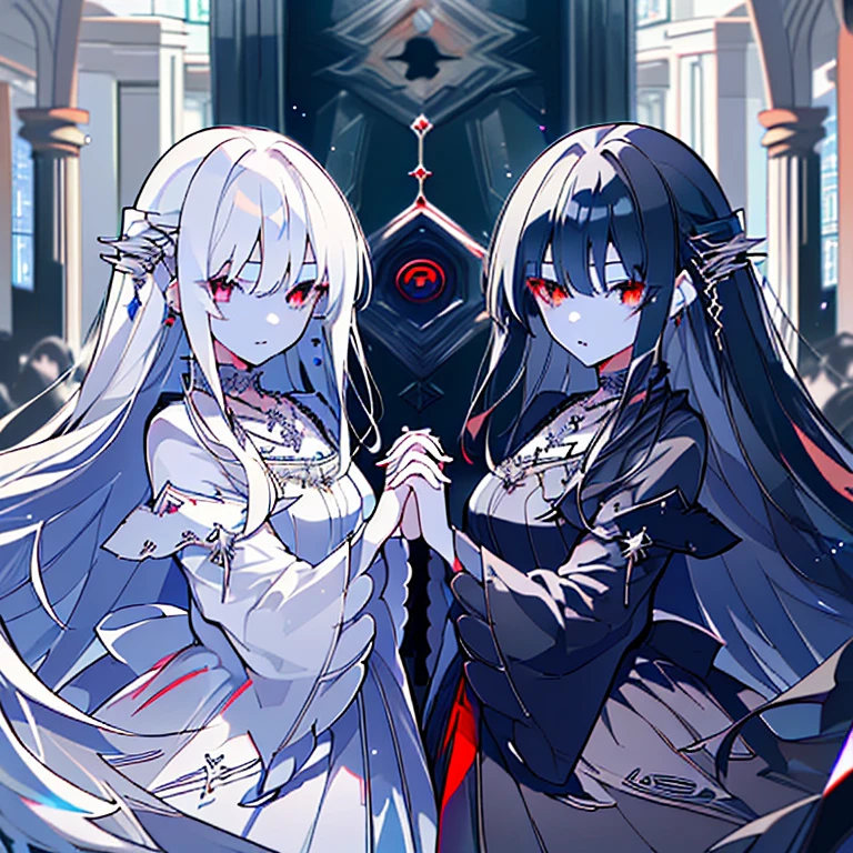 (High resolution,highest quality,Super detailed,wonderful,Attention to detail)2 girls,White Hair,Blue Eyes,Long Hair,Black Hair,Red Eyes,Long Hair,Sharp Eyes,Cinema Lighting,church,dress,Angels and Demons,gem,gorgeous,thought,Face to face,Holding hands,Earrings,necklace