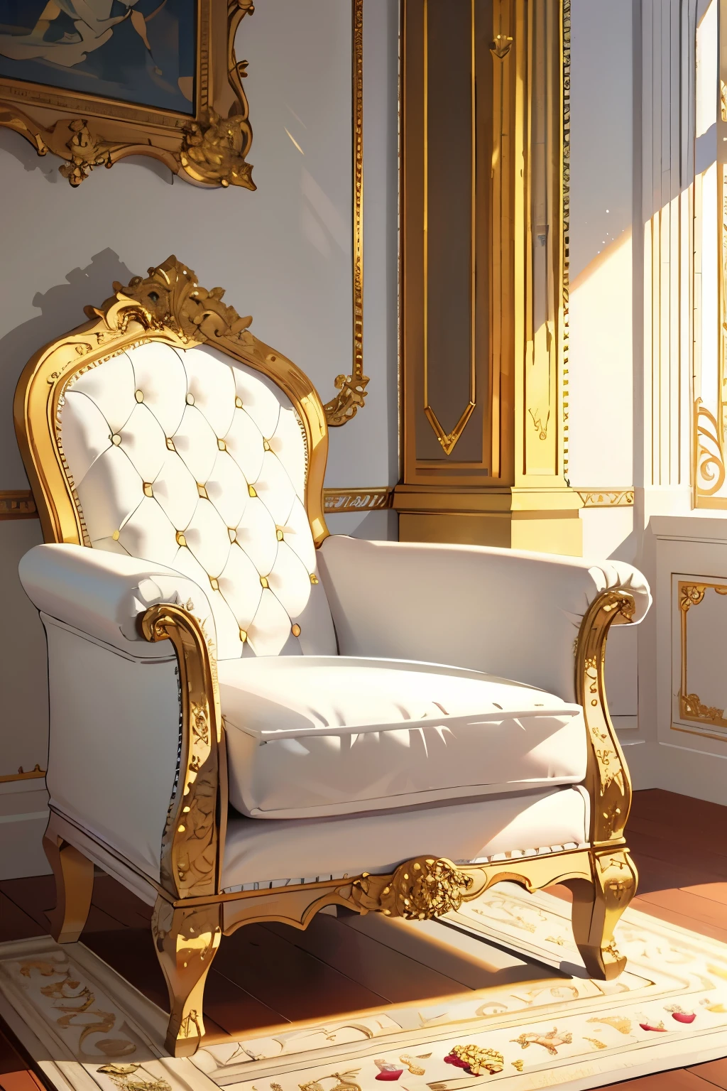 White royal chair, pristine and empty, ornate and grand, intricately carved with gold details, velvet upholstery, shining in the soft, warm sunlight, casting long, dramatic shadows, situated in a grand, ornate hall, high-resolution, realistic rendering, HDR lighting, clean lines, muted tones, majestic, regal, the essence of opulence and power.