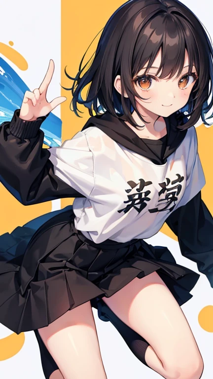 Anime Style,highest quality, masterpiece,Black Hair, Brown eyes, smile,Simple one-color background other than black and white,One girl, Fluid movement