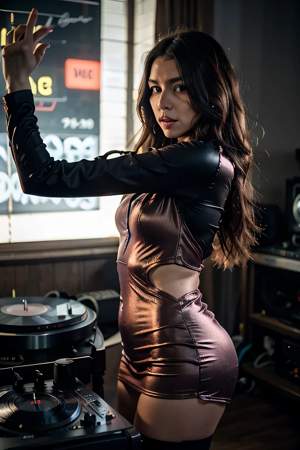 cinematic half body shot of a female dj dancing and playing on dj set and scratching vynils on turntable, capturing the essence of music in motion,dive into the realm of beats and rhythm, long wavy multi-colored dyed hair blown in the wind, wearing a black silk Two-piece dress, colorful light rays, neon signs, natural colors, vivid colors, intricate details, highly detailed, realistic, cinematic, studio photo,wide-angle lens, half body shot, sharp focus, best shadow, depth of field, ultrarealistic detailed lighting, volumetric lighting, cinematic lighting, dramatic lighting, light rays, cinestill, 8k, hdr, high-resolution