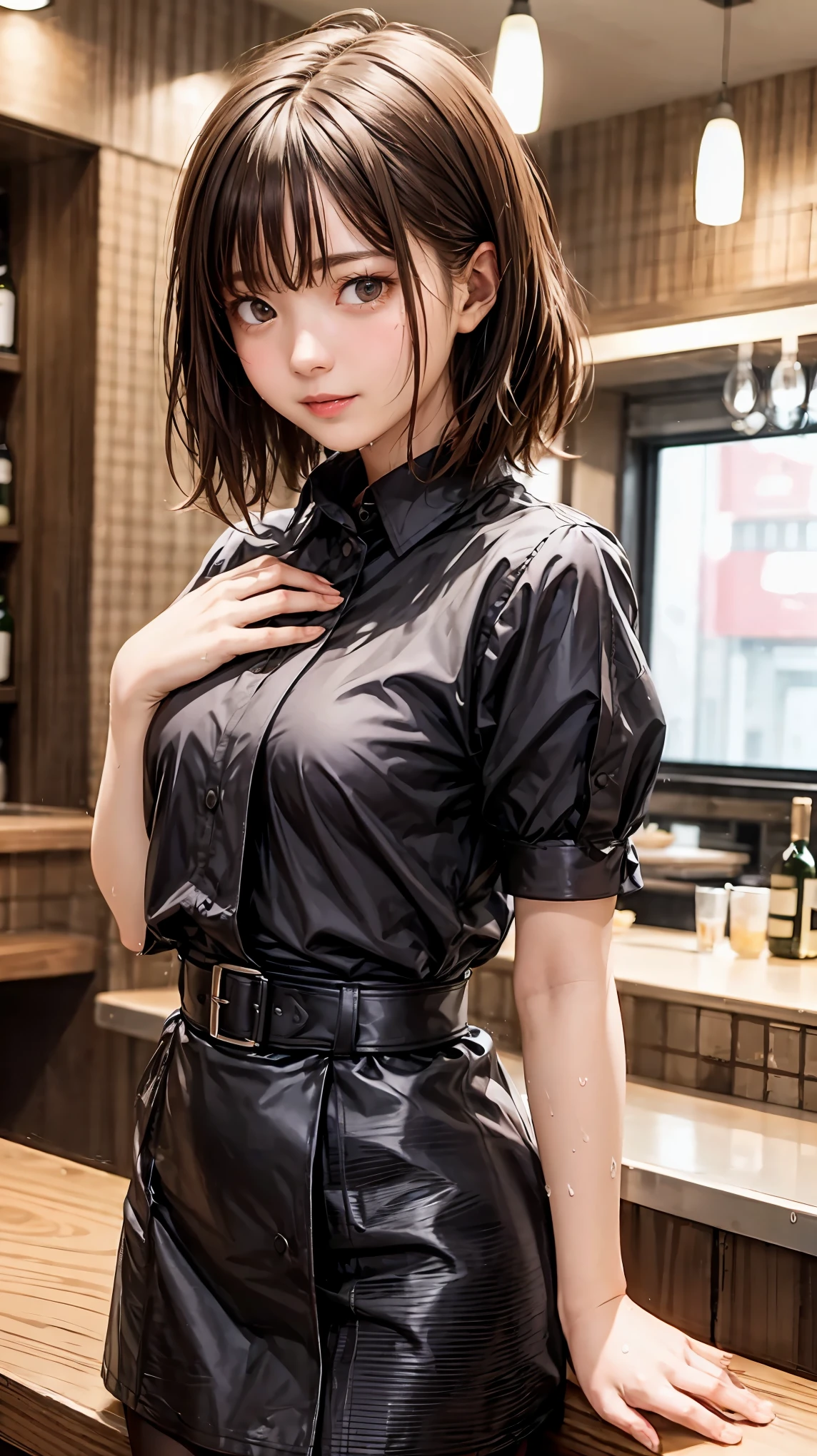 highest quality、4K quality、Man approaching a woman、put one's arm around a woman's waist、thin、Small face、Tall 16 year old、A woman holds her chest(1.7)、bar counter、Wet blouse、The hem of the skirt is twisted(1.8)、Bare crotch