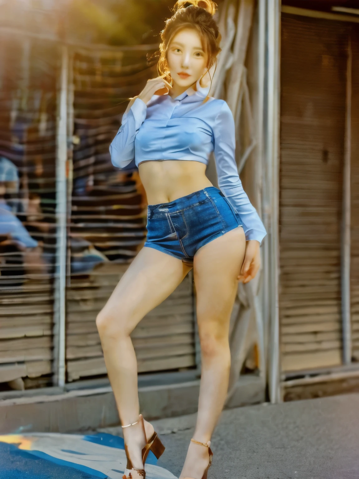 ((Highest quality)),((masterpiece)),(Rich details), (A girl), Exquisite facial features,pretty,(Red long hair),((Ponytail)),(big eyes), Summer shirts, Ribbon Tie, Large aperture fixed focus lens on blue jeans school stairs,85mm f/1.4,Golden Ratio, Natural light warm,Warm picture