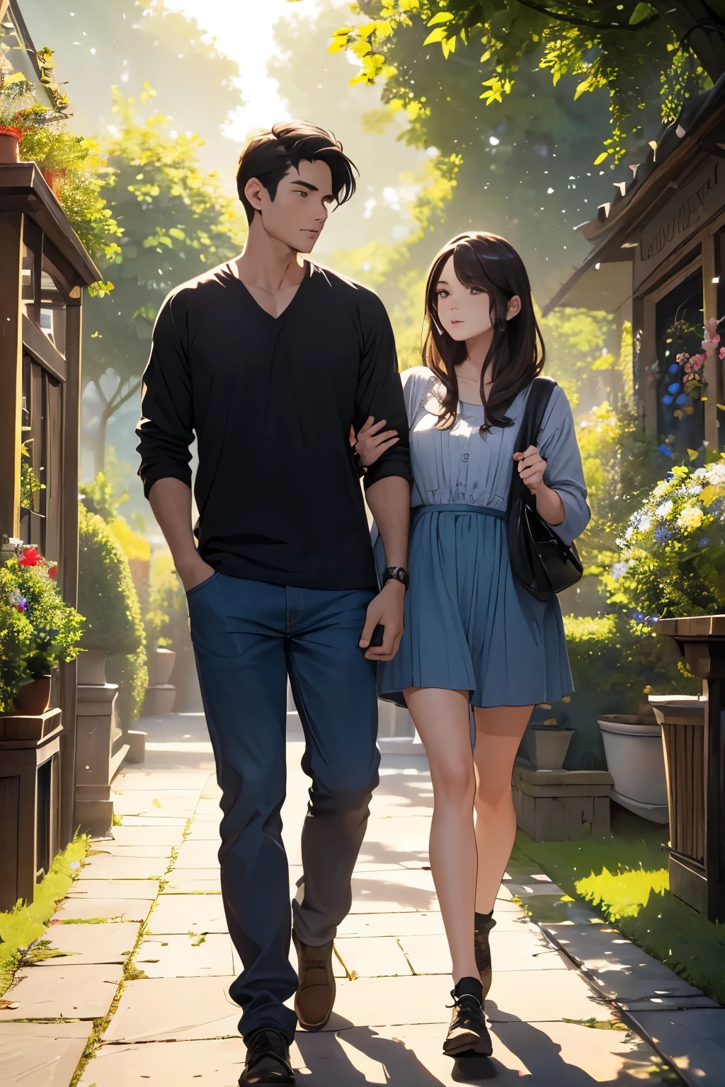 ((Best quality, 8K, masterpiece:1.3)), high detail, HD, masterpiece, epic quality, 2 people, man and girl standing, full height, girl and man walking in a beautiful garden, high detail of faces, drawing eyes, drawing shadows, drawing lips,man and girl , romantic setting, mysterious garden with flowering plants, beautiful flowers, beautiful garden , casual style, girl dressed in ordinary everyday clothes, man dressed in ordinary casual clothes