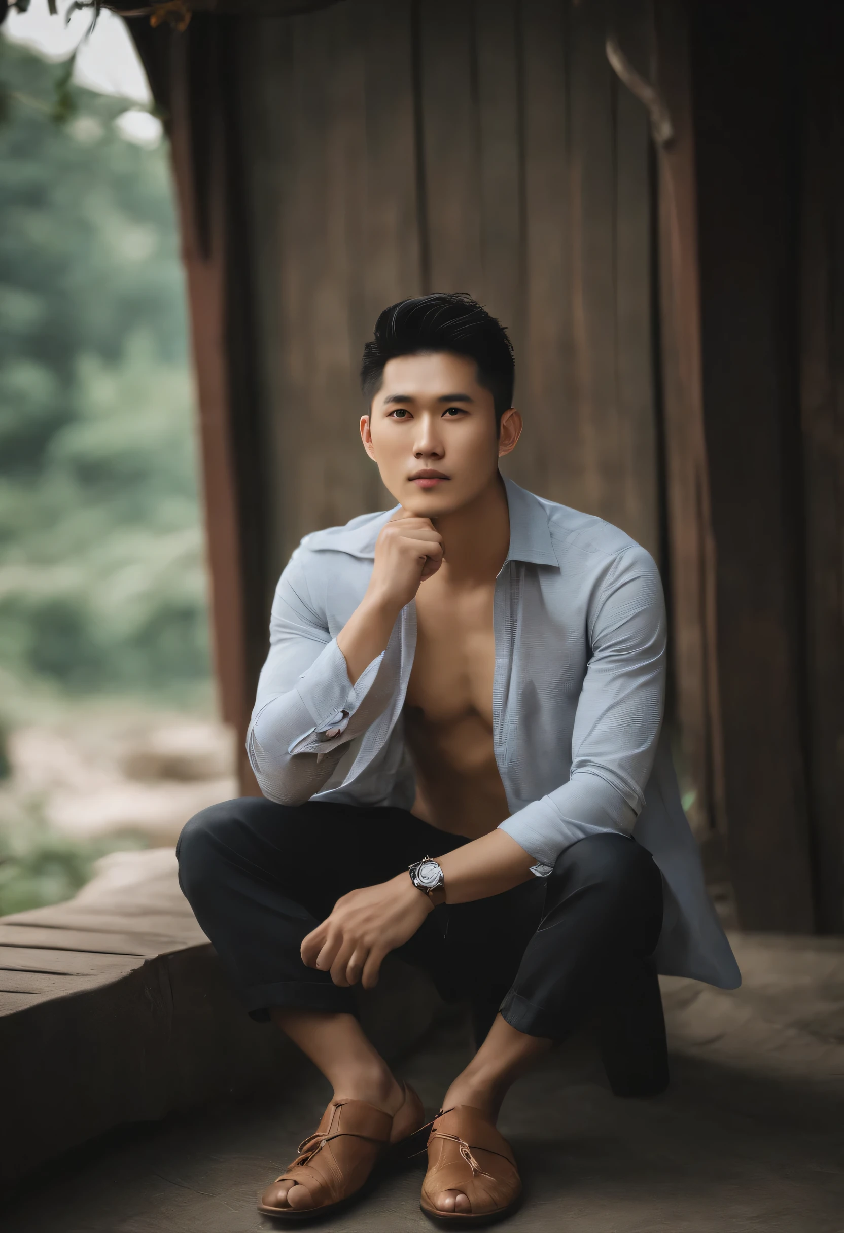 Asian handsom round face boy 30 years old, light beard, slim figure, long summer shirt.