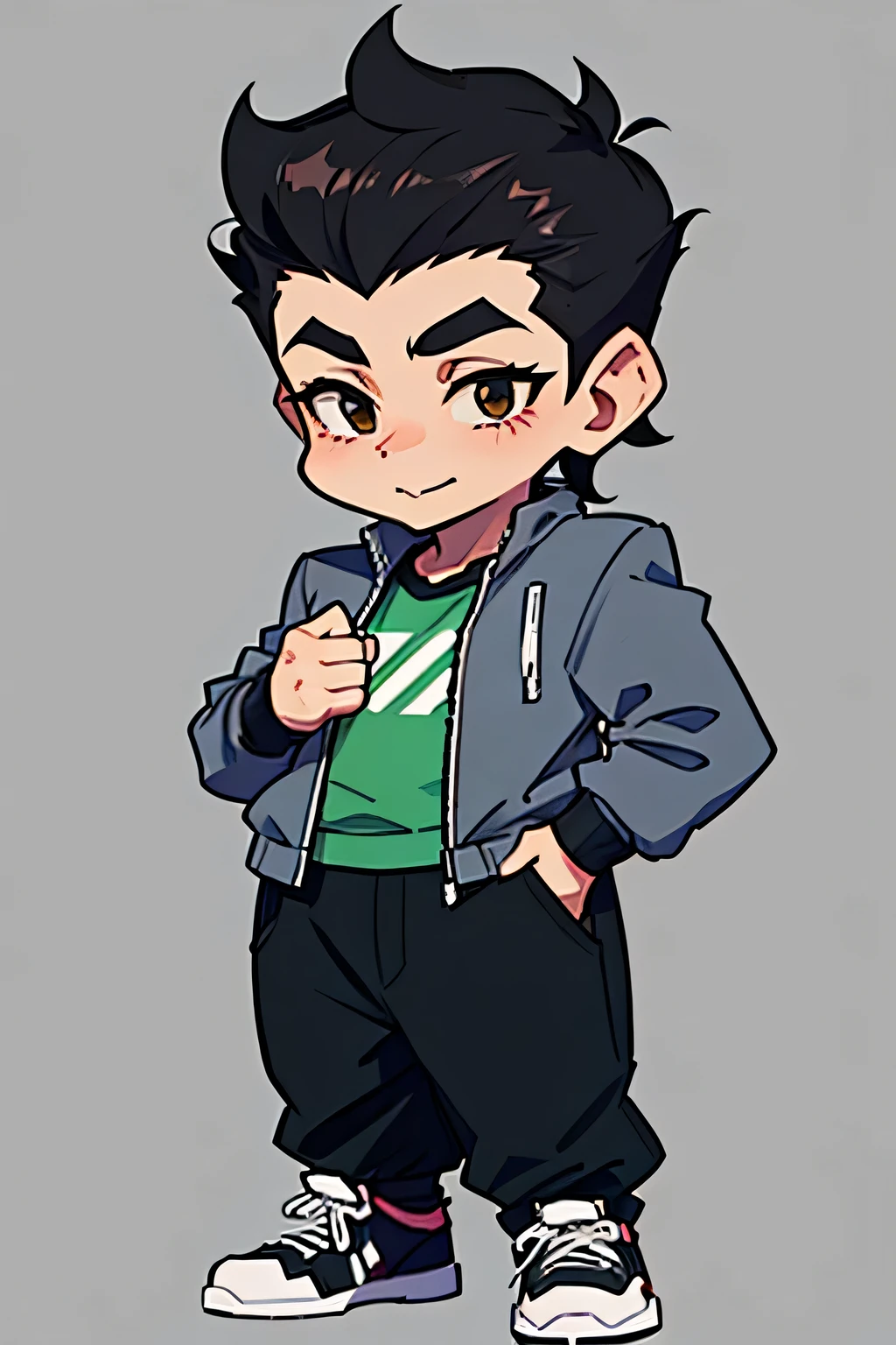 A young older dwarf short hair tousled black pompadour his brown eye few chin low overweight little he wears gray jacket blooming green pants black pants and colorful tennis shoes