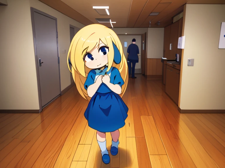 Best quality，Masterpiece，(Cartoony)，solo person 1girl,blue dog ears blue dress White socks black shoes black eyes blonde hair  brown jacket (Walking forward，Hands behind their backs，Rope binding，Bundled)， wooden floor，Medieval execution site background