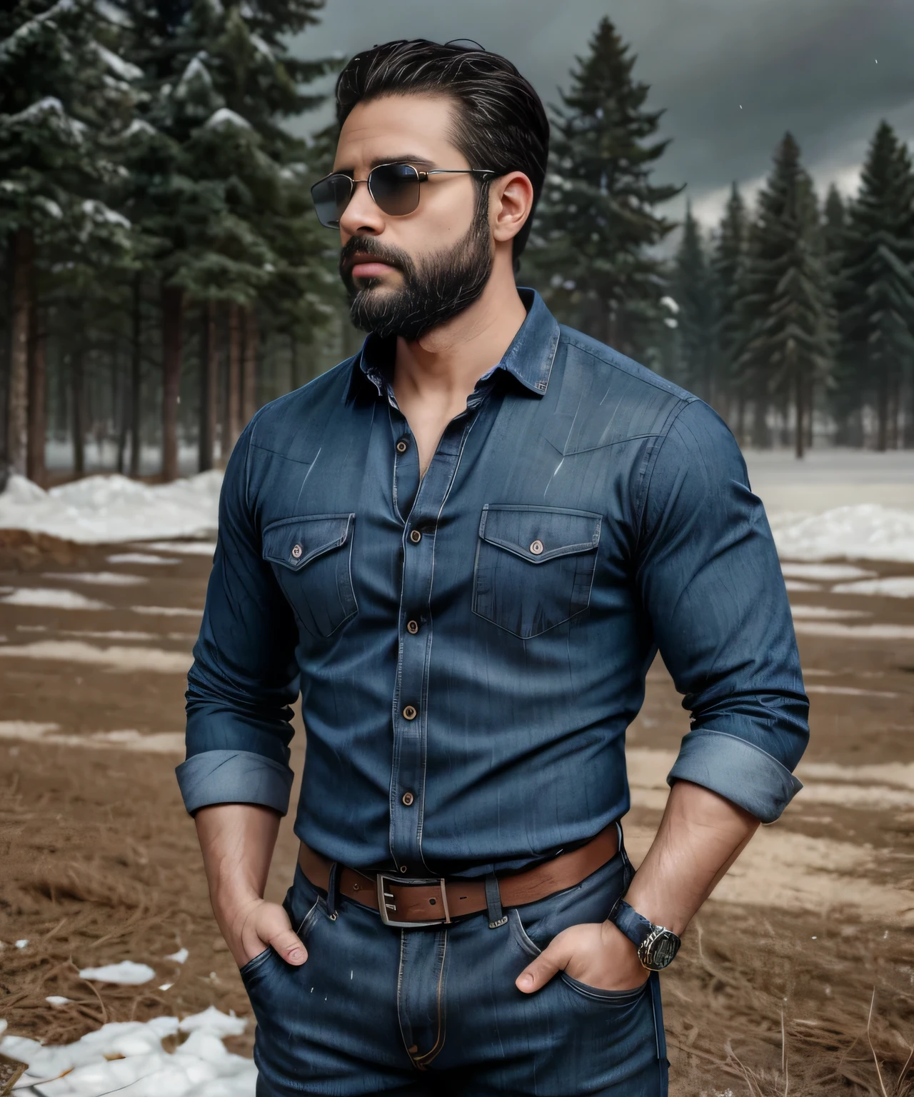 Obra maestra, desenfoque de campo, Parte superior del cuerpo, Hands in pants pockets, 38 year old men with beard and square sunglasses. Man wearing a plaid shirt in an action movie with a snow storm in the background.