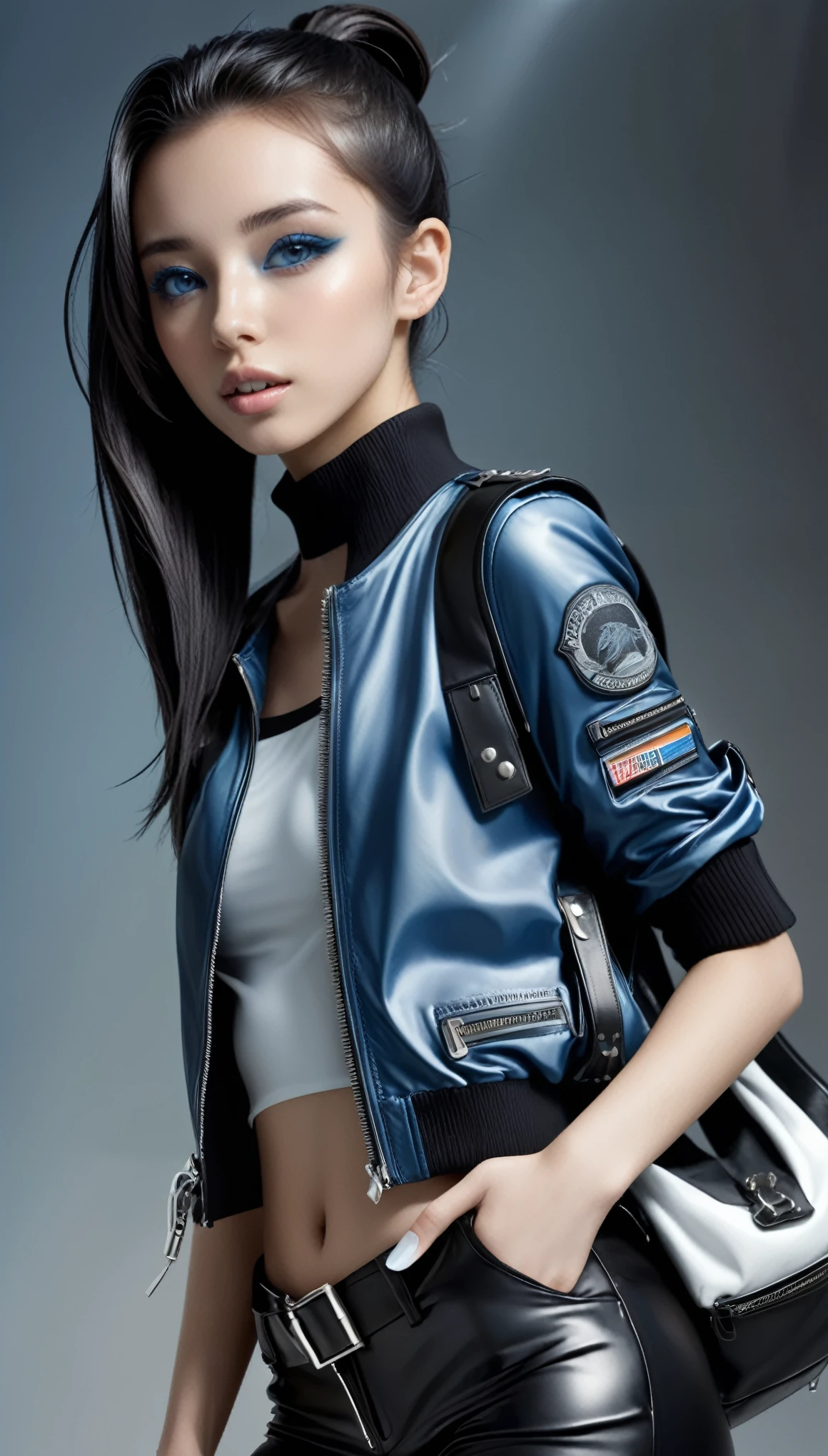 (nsfw), masterpiece, Best Quality, Realistic, Futuristic fashion art, 
BREAK 
beautiful young woman, ig model, render of april, (wide angle, all body shot, standing:1.6), 

BREAK 
bold exposure, (ultra slim waist, firm medium breasts, medium buttocks, beautiful sexy legs:1.2), cameltoe, exuding a sculptural beauty, White and beautiful Silky skin, thin and beautiful neck, small head,
BREAK 
(White and black military print bodysuit: 1.3), (Sleek black leather belt with futuristic metallic buckle: 1.2), (Low-rise black leather shorts with zipper accents: 1.4), urban vibes, (Sheer black mesh bomber jacket with white and black military patches: 1.4), (Chunky black combat boots with silver hardware: 1.5), fierce and bold, (Black fingerless gloves with white LED lights: 1.3), high-tech accessories, (White and black camouflage print bucket hat: 1.3), (Oversized black sunglasses with reflective lenses: 1.2), edgy attitude, (White and black military print backpack with multiple compartments: 1.4), functionality meets style, (Sleek high ponytail with black and white ribbon accents: 1.3), futuristic hairstyle, (Graphic black and white eyeliner for dramatic eyes: 1.4), striking makeup, (Confident stride with a hint of rebellion: 1.5), embodying the essence of future street-chic fashion, 
(in a concrete, fog, mist, Realistic black Shadow) , small head, Detailed face, cute and Pretty slim face, happy,  Duck mouth, perfect beautiful Tooth, arranged gray hair, blue eyes, shiny eyes, looking viewer, 