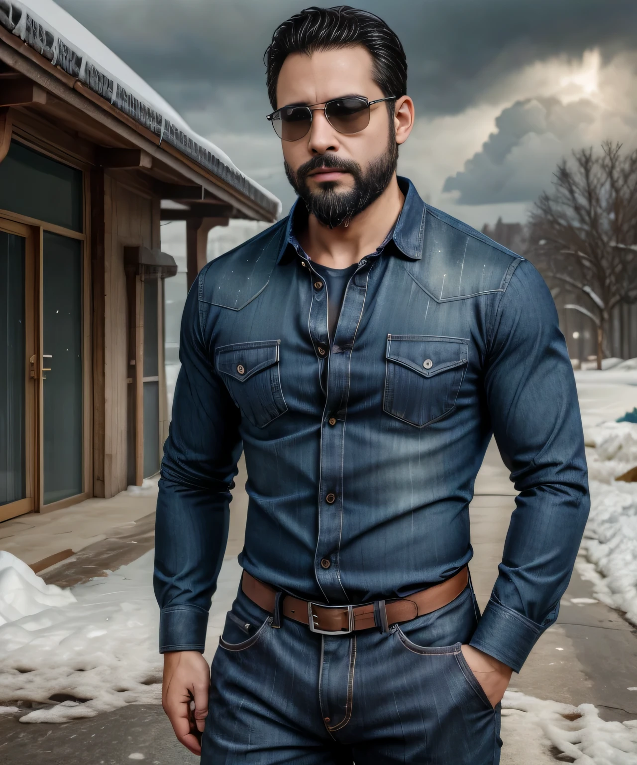 Obra maestra, desenfoque de campo, Parte superior del cuerpo, Hands in pants pockets, 38 year old men with beard and square sunglasses. Man wearing a plaid shirt in an action movie with a snow storm in the background.