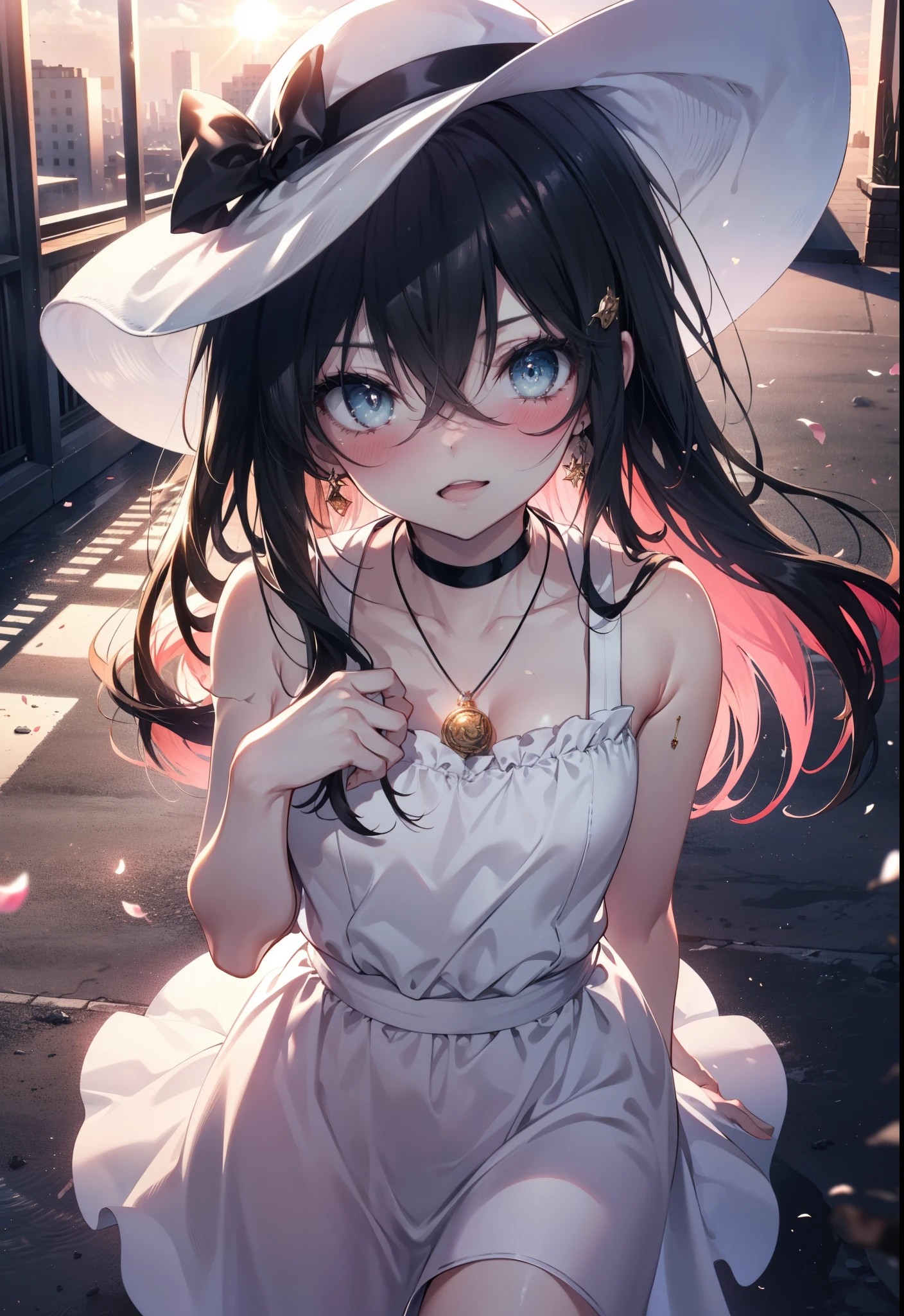 Shana,灼眼のShana,Ahoge,Long Hair,Black Hair, black eye, Small breasts,smile,blush,Open your mouth,Sleeveless dress,Bare shoulders,bare clavicle,Bare neck,Rocket Pendant,White hat,Long skirt,Cute heeled sandals,Looking down from above,sunset,evening,The sun is setting,
break looking at viewer, (Cowboy Shot:1. 5)
break outdoors, City Street,Building district,
break (masterpiece:1.2), highest quality, High resolution, unity 8k wallpaper, (shape:0.8), (Fine and beautiful eyes:1.6), Highly detailed face, Perfect lighting, Highly detailed CG, (Perfect hands, Perfect Anatomy),