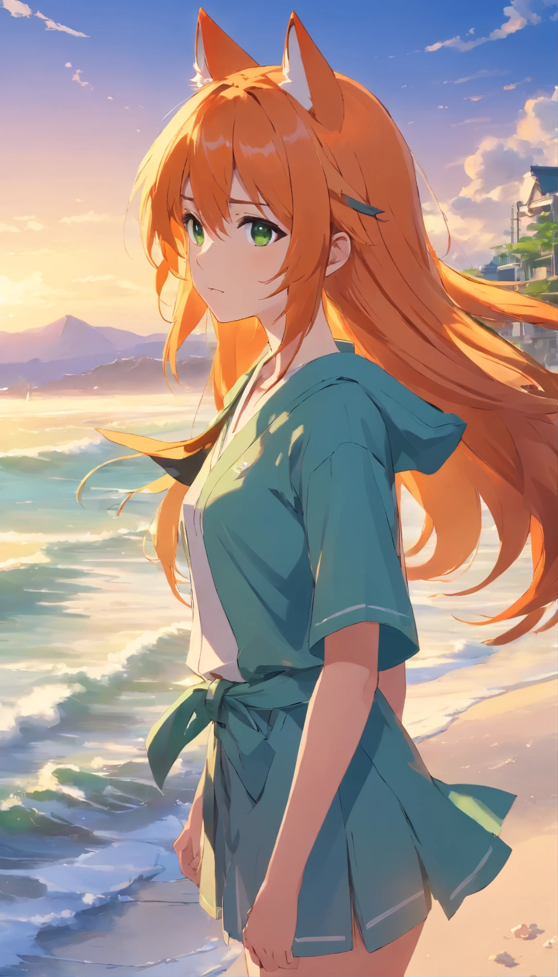 anime girl with long orange hair standing on beach near ocean, green eyes detailed digital anime art, fox ears, fox tail, anime girl with long hair, smooth anime cg art, anime girl with long hair, digital anime art, artwork in the style of guweiz, beautiful anime portrait, photorealistic anime girl render, beautiful anime girl, advanced digital anime art, guweiz on artstation pixiv upscale HD UHD HQ