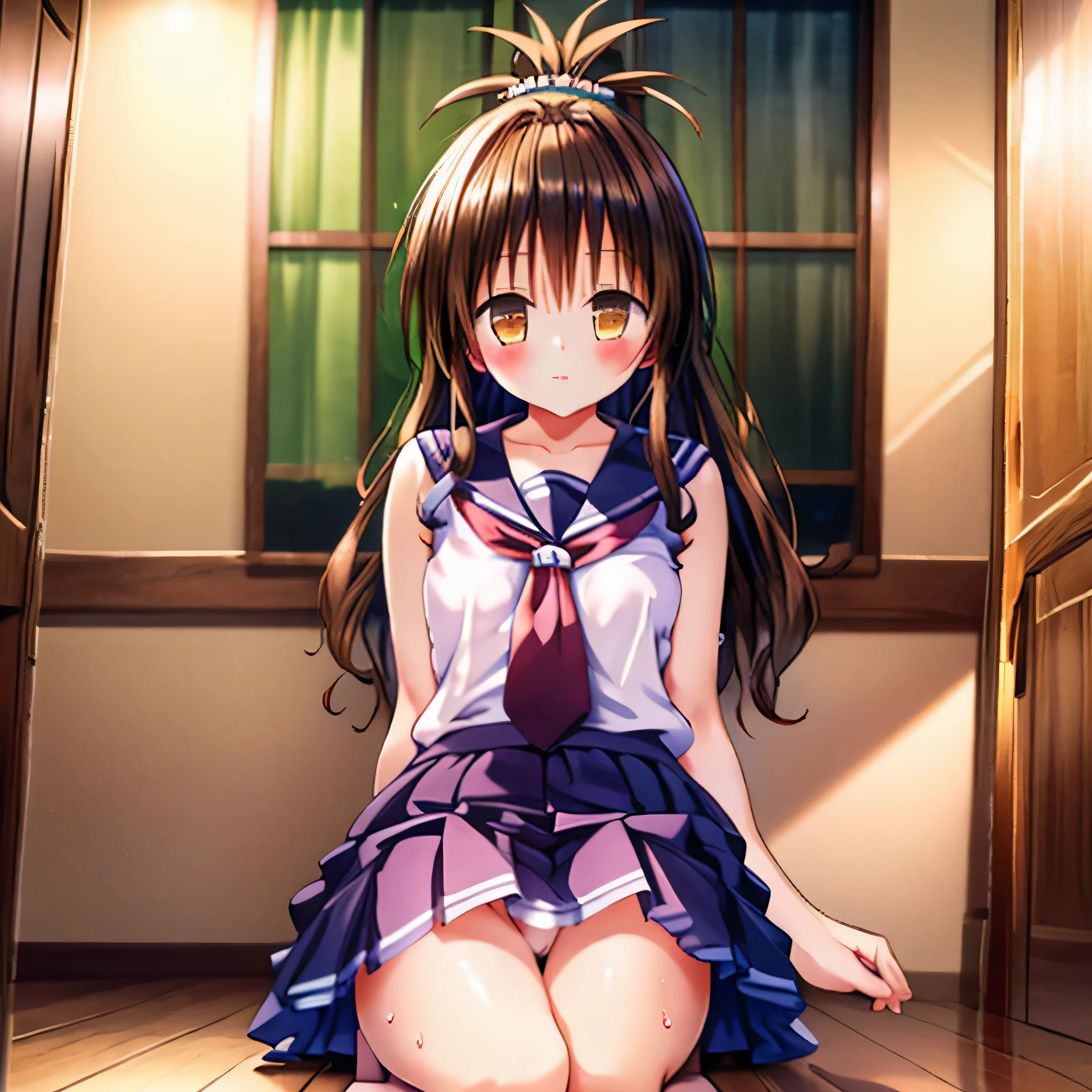 realistically, brown eyes, ponytail, glowing eyes, white short skirt, extra short skirt, Blush, daytime, Wet from the rain, see through, sleeveless shirt, nipples, (pussy), crotch, embarrass, (Sit with 2 knees up), yuki mikan, the skirt is turned up, highest quality, High resolution, highly detailed face, perfect lighting, Very detailed CG, perfect hands, perfect anatomy, hand pulled skirt up,
