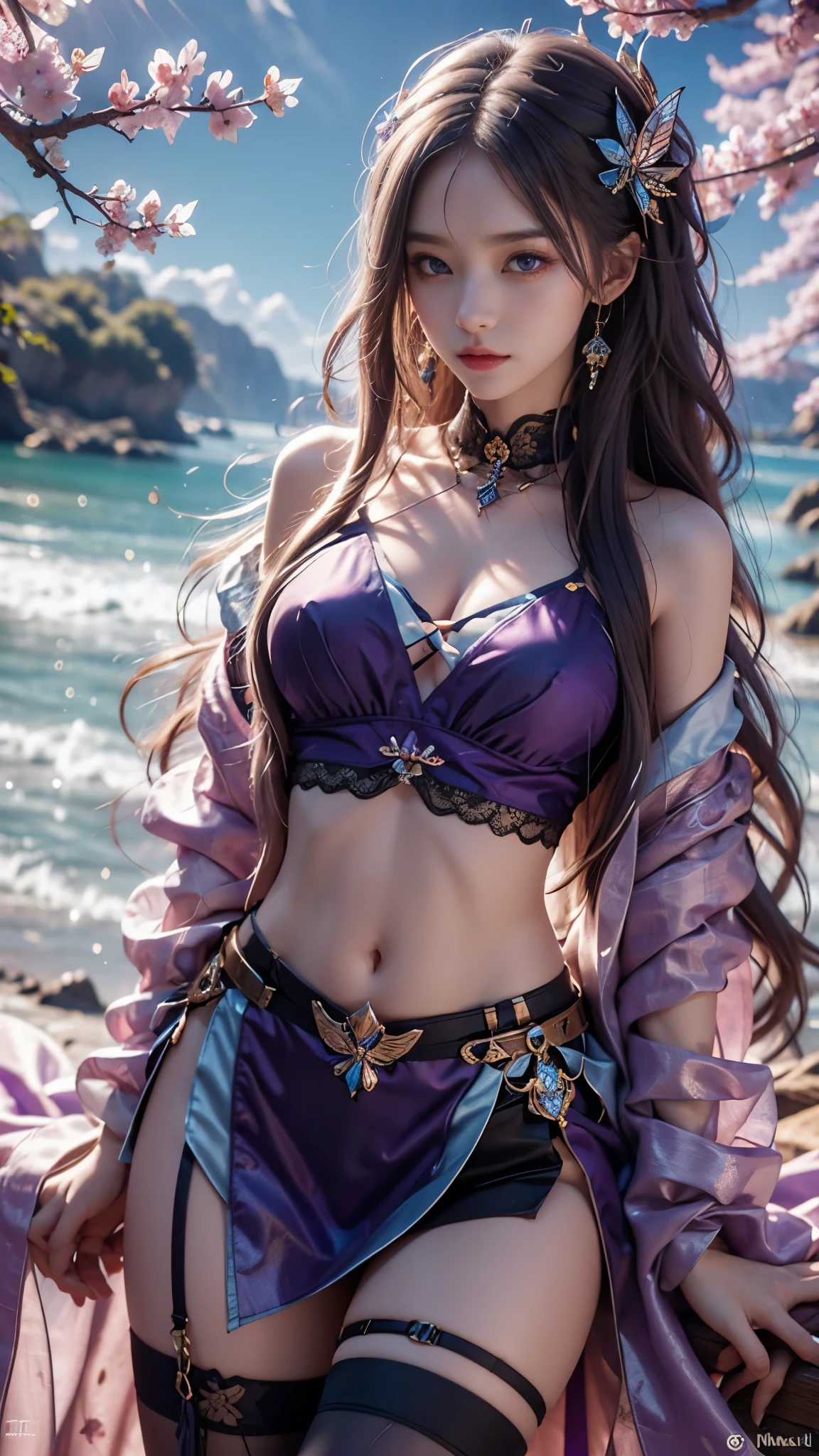 8K, ultra hd, masterpiece, hd colors, 1 girl, perfect face, very long curly hair, detailed eyes, simple clothing, purple clothing, stocking, lace, sardine, strips, net clothing, loops, bare waist, jwellery, waterside, Realistic scenery, epic scenery, sun rising, evening, clouds, Butterfly, cherry blossom, blowing wind, perfect pose,