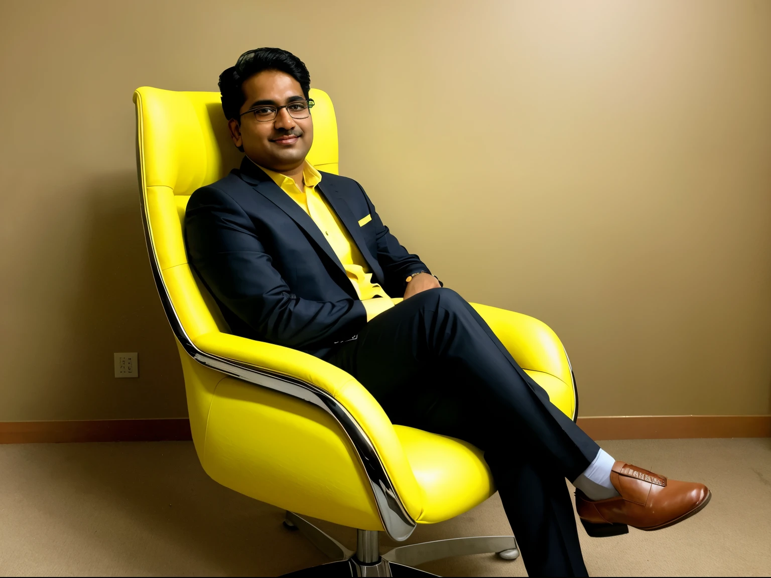 ((best quality)), ((masterpiece)), (detailed), Visualize Abhimanyu Saxena, the visionary founder of Scaler, seated on a stunning yellow chair that embodies modernity and style. The chair's sleek design perfectly complements Saxena's confident posture as he participates in a captivating podcast interview. With a backdrop of a futuristic setting, Saxena's presence and the vibrant chair symbolize his innovative spirit and commitment to pushing boundaries in technology and education.
