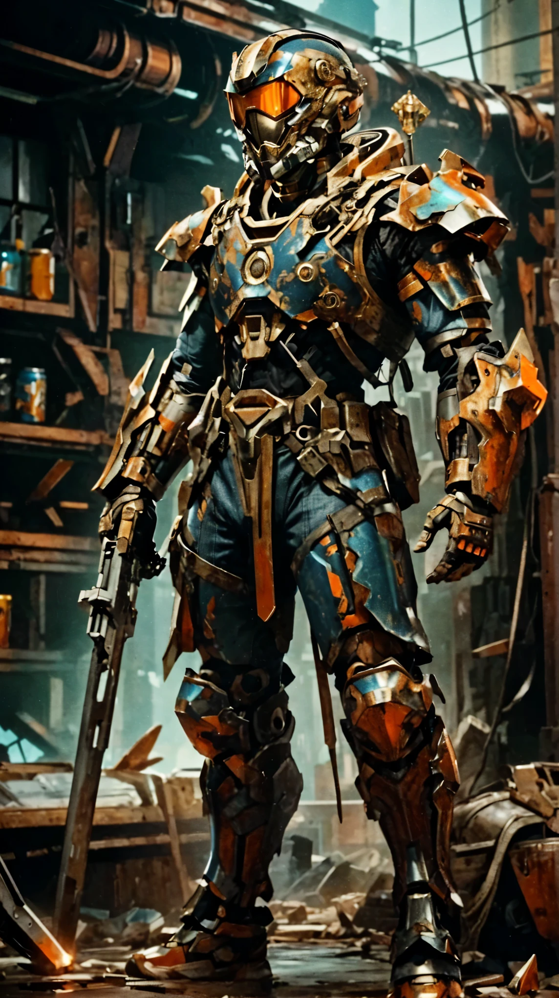 orange thunder on chest, blue armor,(best quality,4k,8k,highres,masterpiece:1.2),ultra-detailed, detailed background, depth of field