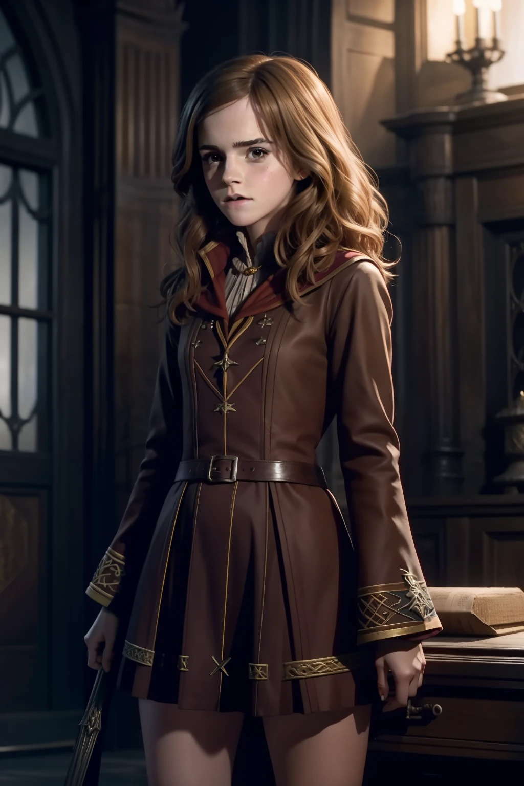 Emma Watson portrays Hermione Granger killing evil witch, dynamic scene, Gryffindor short dress