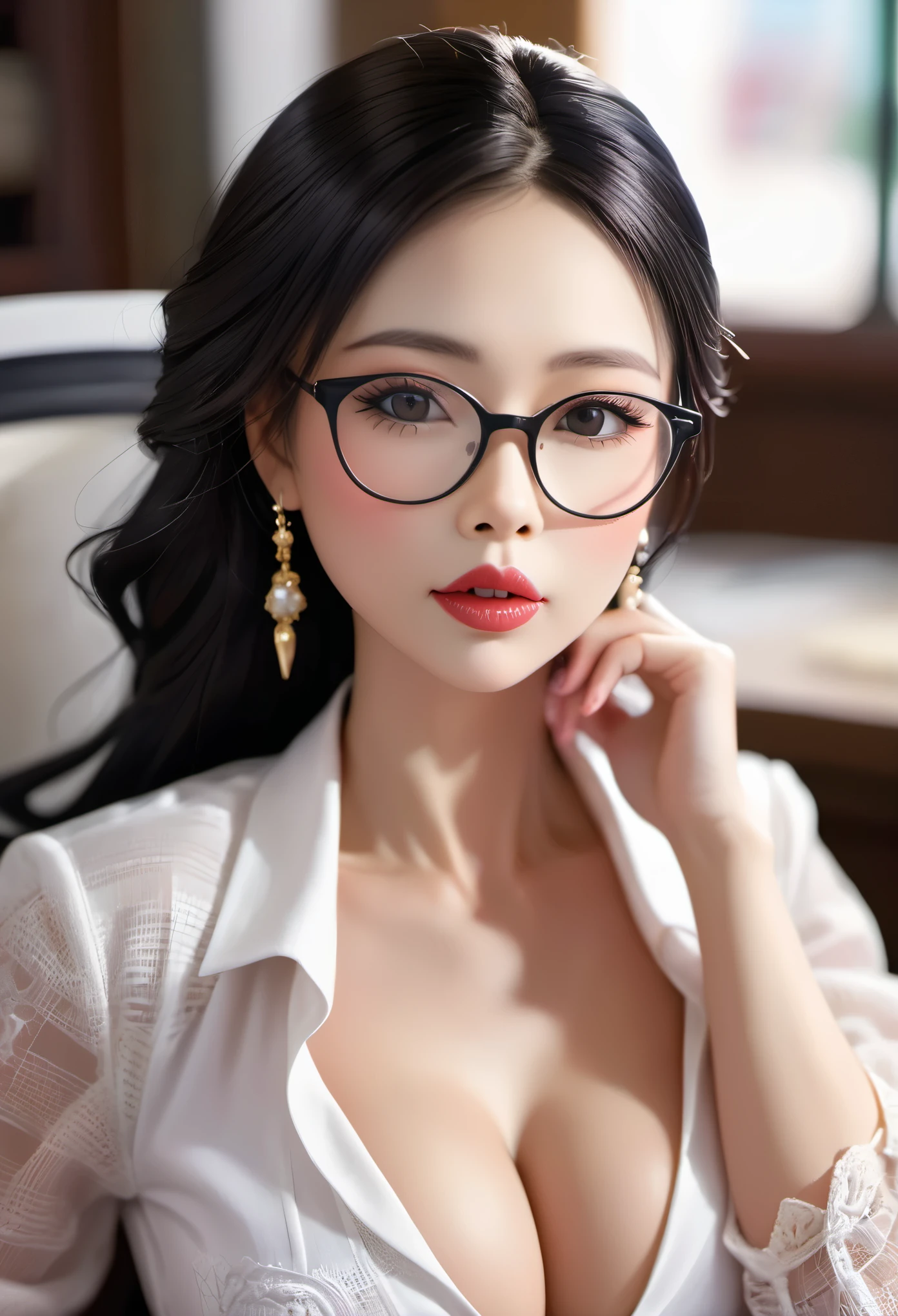 (masterpiece, best quality: 1.2), 1wavy hair secretary barbie,，Sexy eyes,Glasses，Head close-up，Pouting，The expression of a kiss，Plump sexy lips，  Climatic skin，earrings（（Black business clothes）），Perfect natural breasts，8k