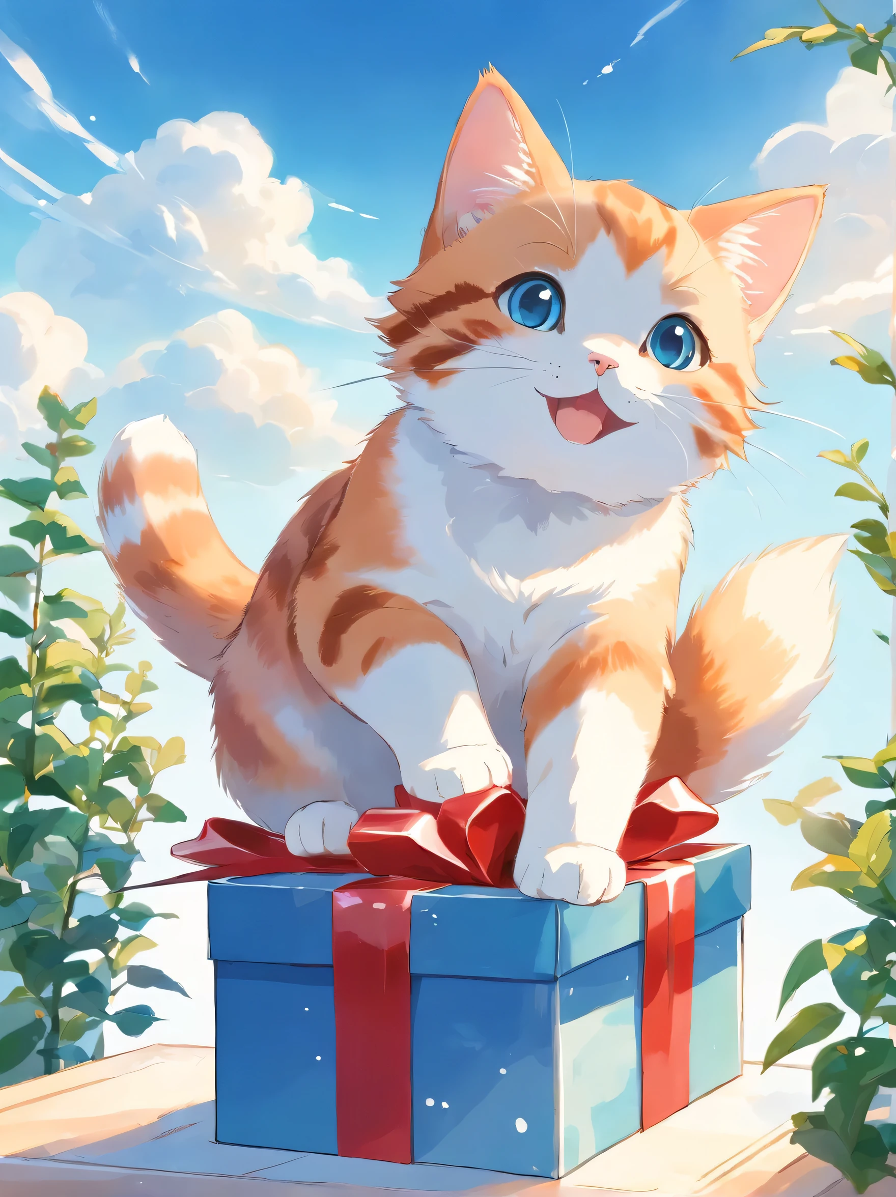 Cute watercolor adorable happy cat in gift box , Blue sky natural background, Simple line drawing, holly loving style, Completely white background