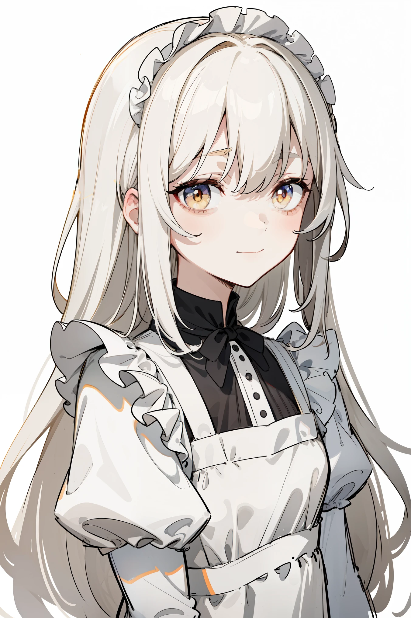 (masterpiece, best quality, ultra high quality, by quan, sketch:1.1), ((portrait)), 1girl, solo, human girl, young with long hair, very long hair, gray white hair, straight hair, blunt bangs, hair between eyes, ((golden eyes, white pupils)), bags under eyes, small breasts, flat chest, neutral, innexpressive, small smile, v-shape smile, :>, wearing a victorian white dress, maid, maid dress, white apron, long dress skirt, leggings, black pantyhose, upper body, standing, hands behind back, isometric lightning, white background, simple background