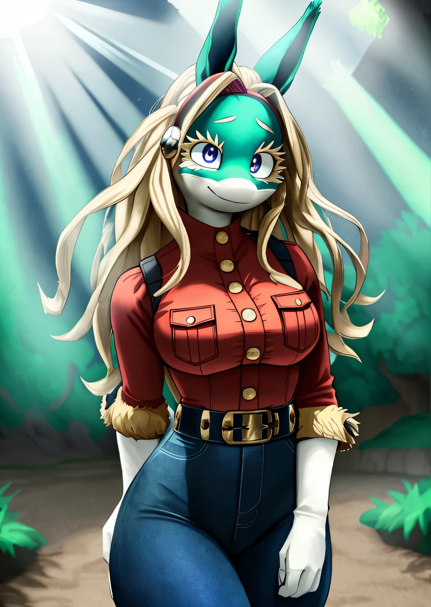 [ippan_josei], [Boku no hero academia], ((masterpiece)), ((HD)), ((high quality)), ((solo portrait)), ((furry)), ((anime)), ((detailed shading)), ((intricate details)), {anthro; (blue fur), (long bleach-blonde hair), (big cute purple eyes), (short white eyelashes), (curvy wide hips), (thick thighs), (beautiful legs), (cute smile), (blushing)}, {(tight button-up red shirt), (tight black jeans), (red headband)}, {(standing), (looking at viewer)}, [Background; (park), (blue sky), (sun rays)]