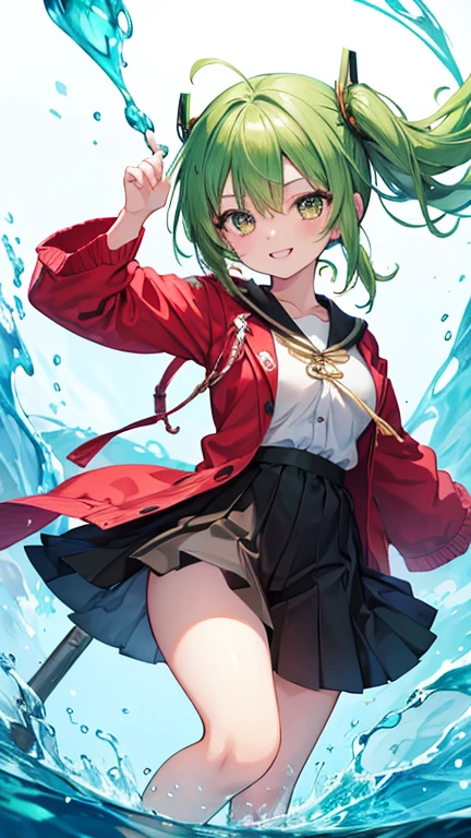 Anime Style,highest quality, masterpiece,Green Hair, Brown eyes, smile,Simple Background,One Girl, Fluid movement