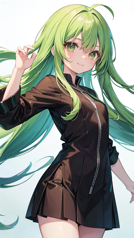 Anime Style,highest quality, masterpiece,Green Hair, Brown eyes, smile,Simple Background,One Girl, Fluid movement