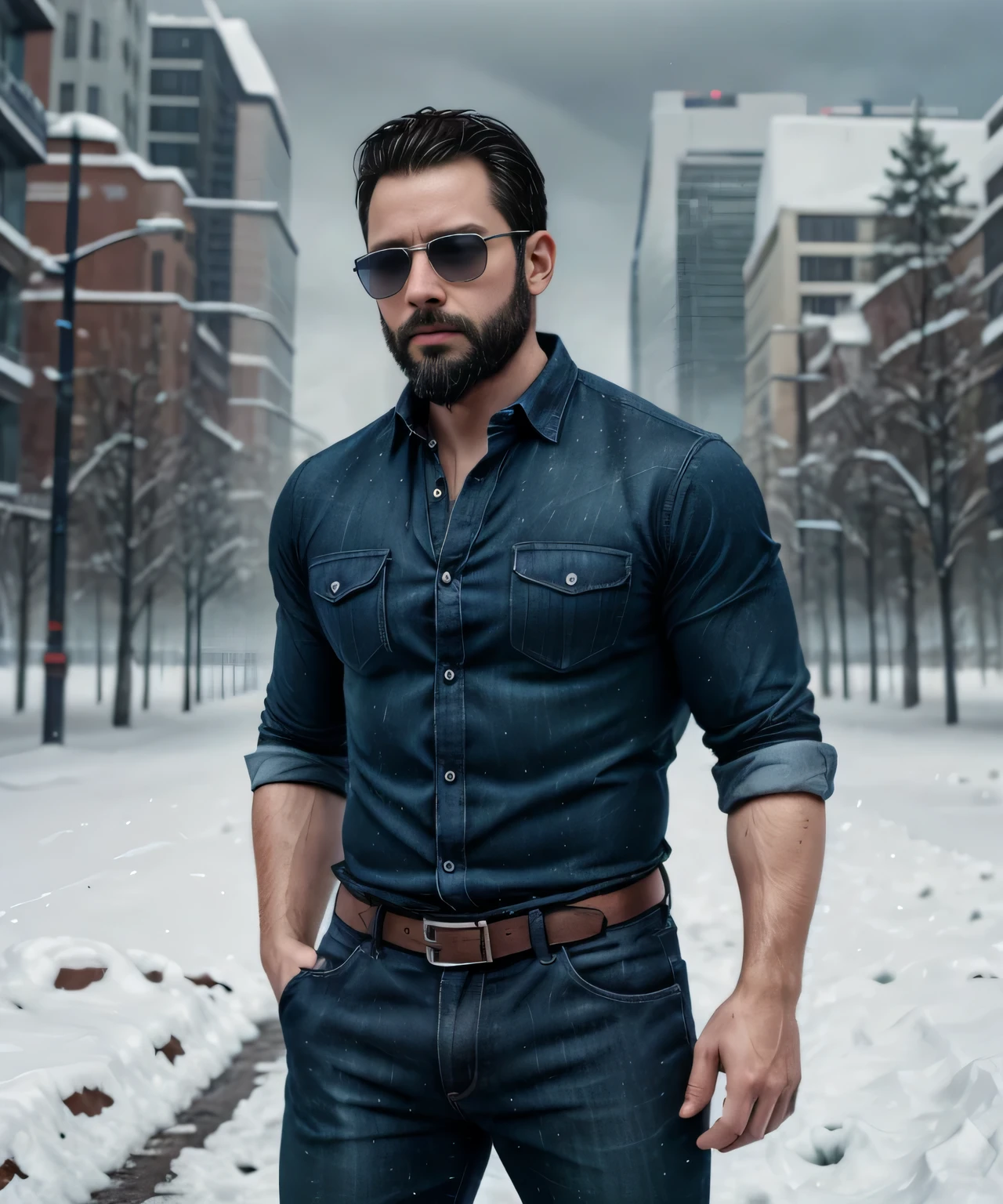 Obra maestra, desenfoque de campo, Parte superior del cuerpo, Hands in pants pockets, 38 year old men with beard and square sunglasses. Man wearing a plaid shirt in an action movie with a snow storm in the background.