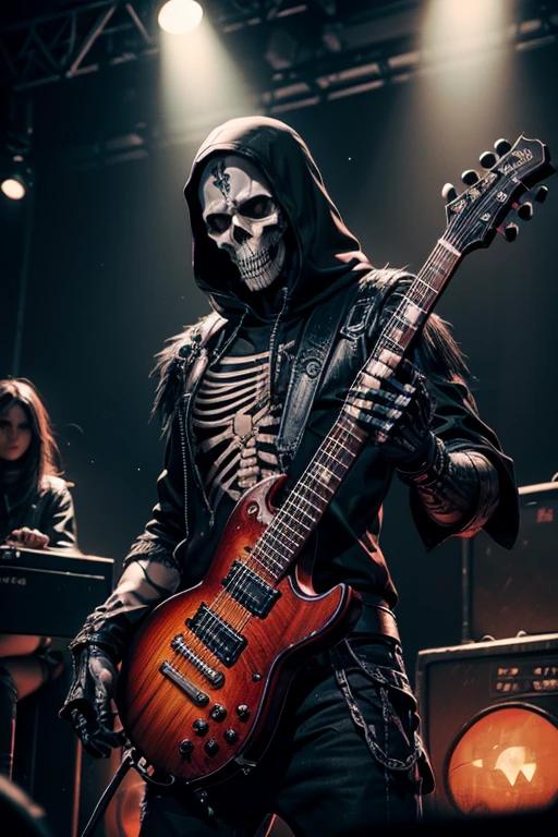 undead, skeleton with red hair, male, high fantasy, detailed, medieval fantasy, instrument, bard, necromancer, short punk hair, hands playing guitar, masterpiece, two hands, five fingers, normal arms, 8k, high quality, white shirt, purple jacket