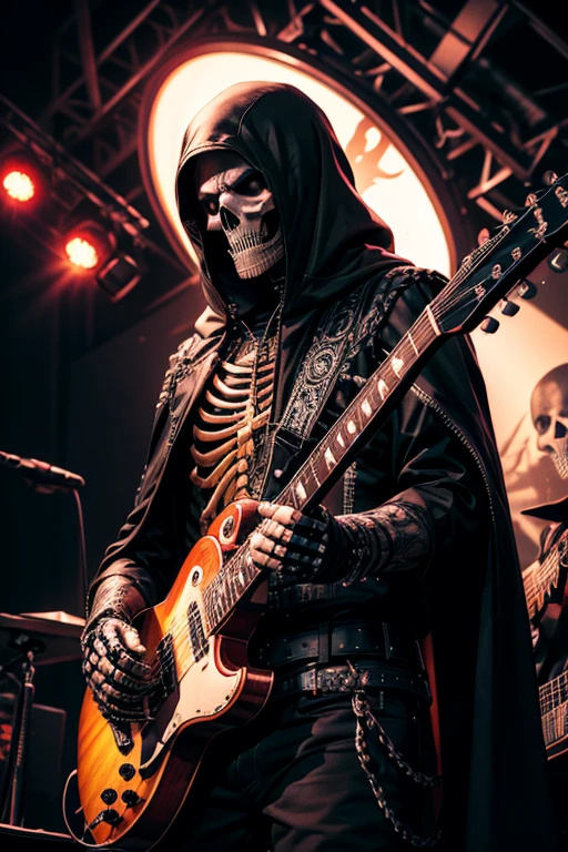 Skeleton,1 man,music,metal,high quality,8k,(metalhead:1.1),detailed skull,dark color tone,vivid colors,detailed guitar,concert lighting,music festival