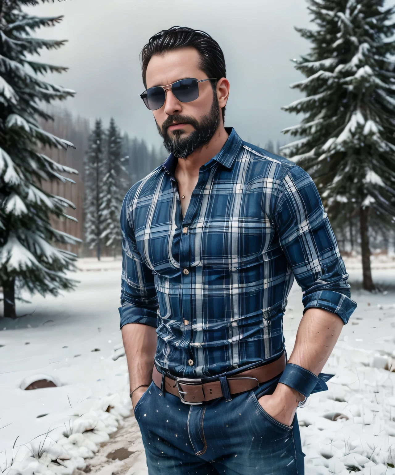 Obra maestra, desenfoque de campo, Parte superior del cuerpo, Hands in pants pockets, 38 year old men with beard and square sunglasses. Man wearing a plaid shirt in an action movie with a snow storm in the background.