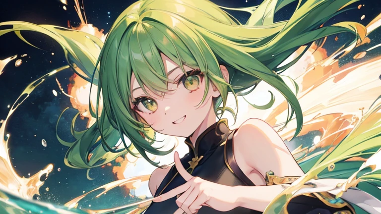 Anime Style,highest quality, masterpiece,Green Hair, Brown eyes, smile,Simple Background,One Girl, fluid movement