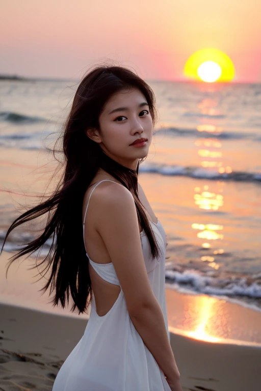 summer、Ocean、Sunset、young woman、Beauty、slender、Long Hair、Fair skin