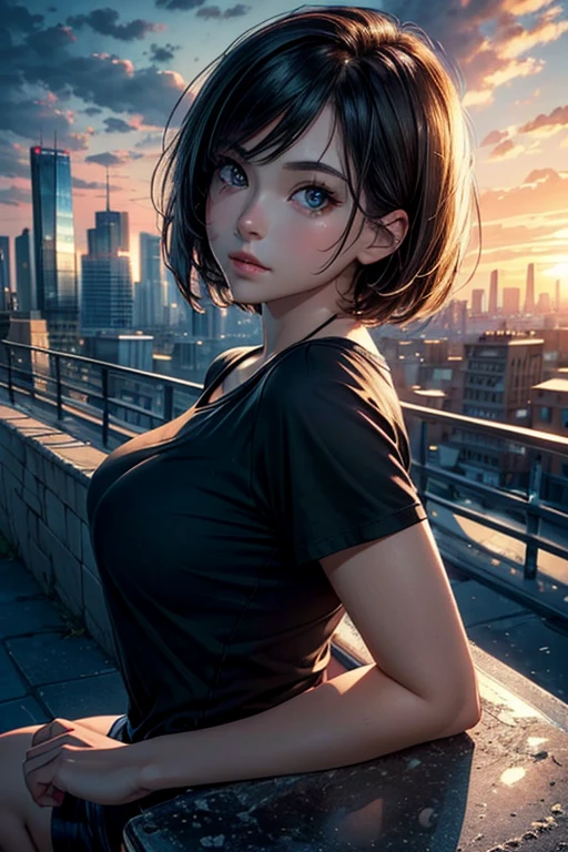 (masterpiece:1.1), best quality, (ultra detailed:1.3), super fine illustration, realistic, solo, woman, from side, from below, beautiful face and eyes, short hair, dishevled hair, black t-shirt and short shorts, Waiting and watching, beautiful sky and clouds, Distant city, warm lighting,