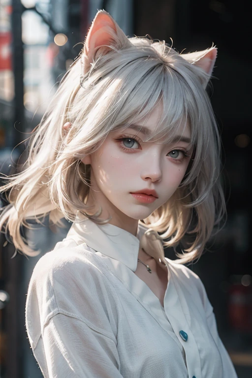 Half white cat face, half human anime male face.