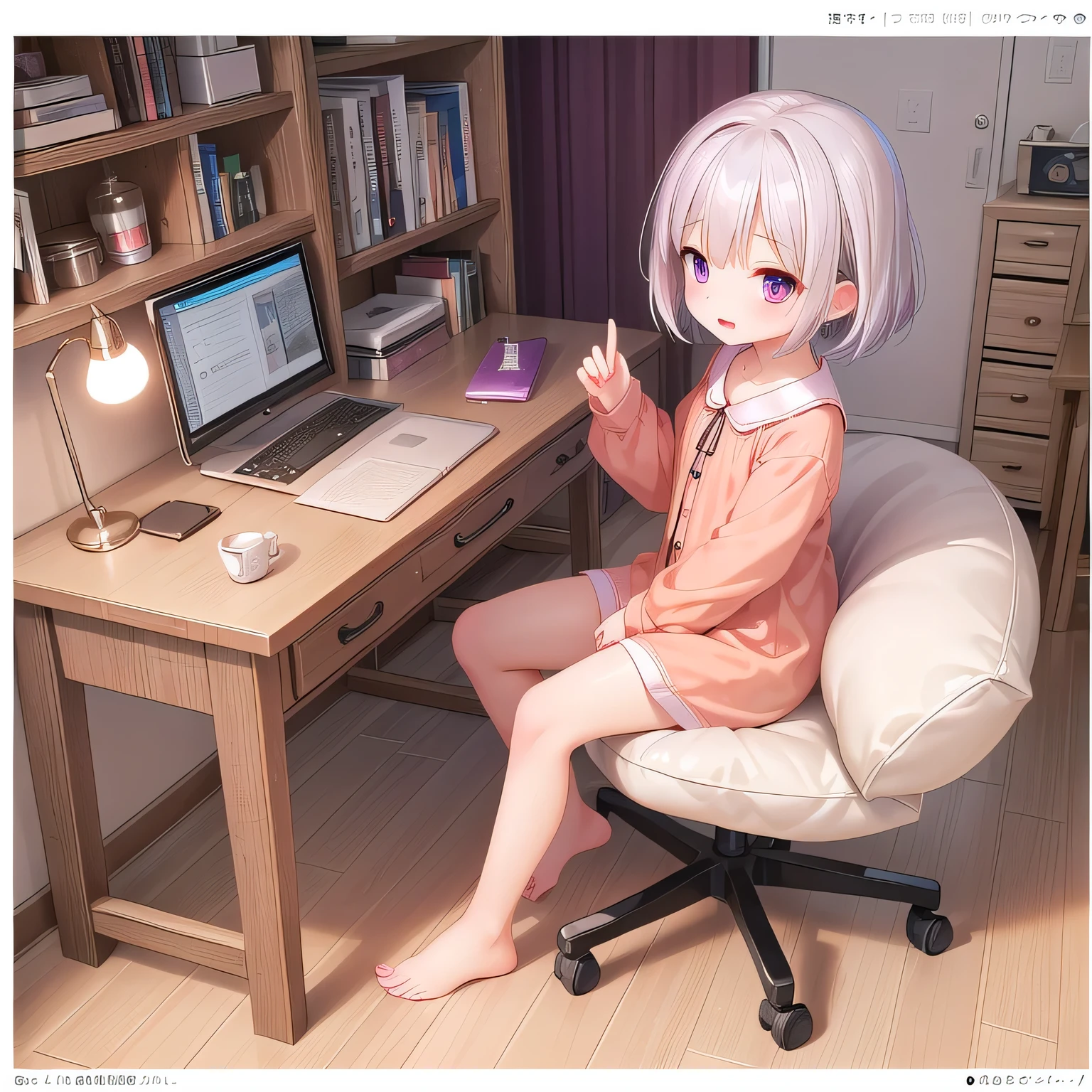 ((Little, Miniature, Genuine,Peach, 3DCG, 1 girl: 1.3)), (masterpiece, Almond-shaped eyes, Shiny white-purple hair, Medium Short Hair, highest quality, Carefully drawn fingertips and toes, Warm clothes, Smooth and beautiful skin: 1.3), (Red cheeks, Fluffy pajamas, whole body, Antique furniture, Wide々and study, Chair, Colorful design, Comfortable Living, wake up: 1.1), (There is a small desk in the corner of the room.、There you can immerse yourself in your creativity., And the tools of art shine brightly, Create a quiet and creative space. :1.1)