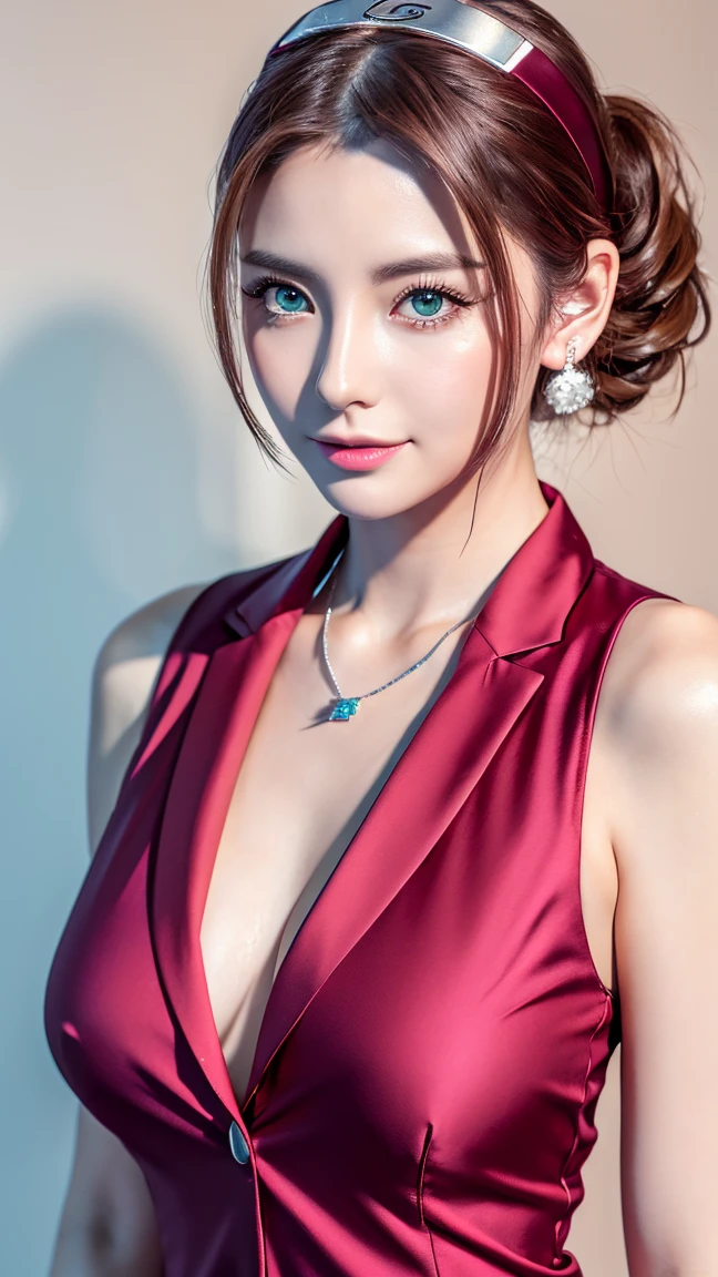 1 girl, 最high quality, masterpiece, High resolution, Pink short ponytail,Green Eyes、((Office casual suit))、(((whole body)))、Big Breasts、Cleavage, necklace(Naruto&#39;s forehead protector around his neck),hair band、 jewelry, Beautiful Face,、I&#39;looking forward to it, (((whole bodyビュー))), Realistic, Outdoor, modern square, Two-tone lighting, (Skin with attention to detail: 1.2), 8k Ultra HD, Digital SLR, Soft Light, high quality, Volumetric Light, Frank, photograph, High resolution, 4K, 8k, Background Blur、whole body、Enamel pumps