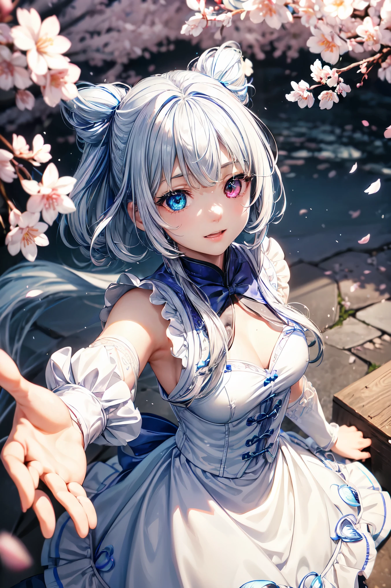 1 girl、bluish-silver hair、(Heterochromia Iridum (drooping iris),Shineing eyes:1.4)、、10 years old、Big smile、thin、Blurred Background、Shine、shine hair、(spring、Cherry blossom petals dancing in the wind、From above、There&#39;The Girl Behind the Cherry Blossoms:1.3),Ambient Occlusion、Zhou Xianguang、ray tracing reflection、highest quality、Realistic、Very detailed、delicate、orderly、Attention to detail、